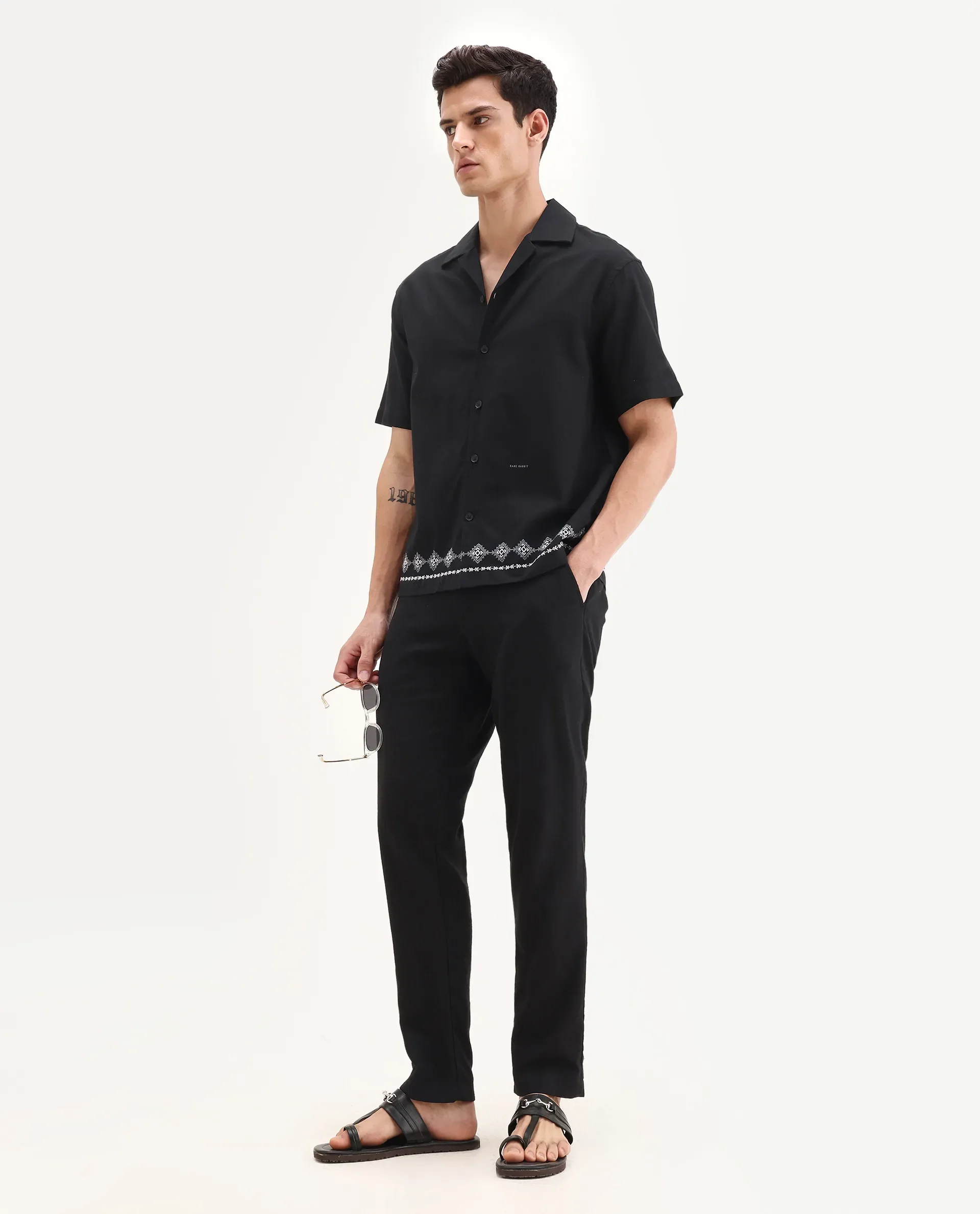 Rare Rabbit Men's Tirk Black Cotton Blend Embroidered Boxy Fit Half Sleeve Cuban Collar Shirt - Image 2