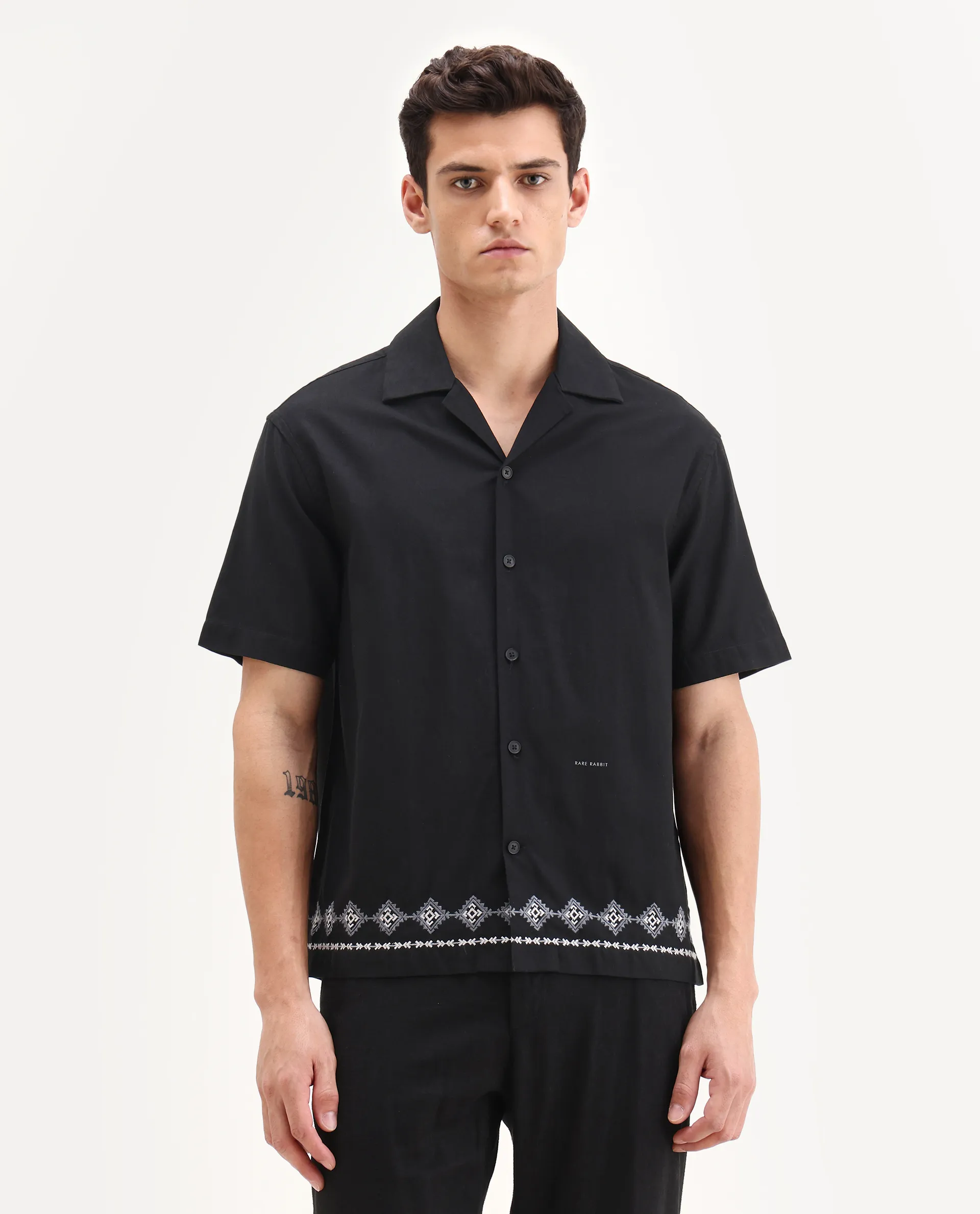 Rare Rabbit Men's Tirk Black Cotton Blend Embroidered Boxy Fit Half Sleeve Cuban Collar Shirt - Image 4