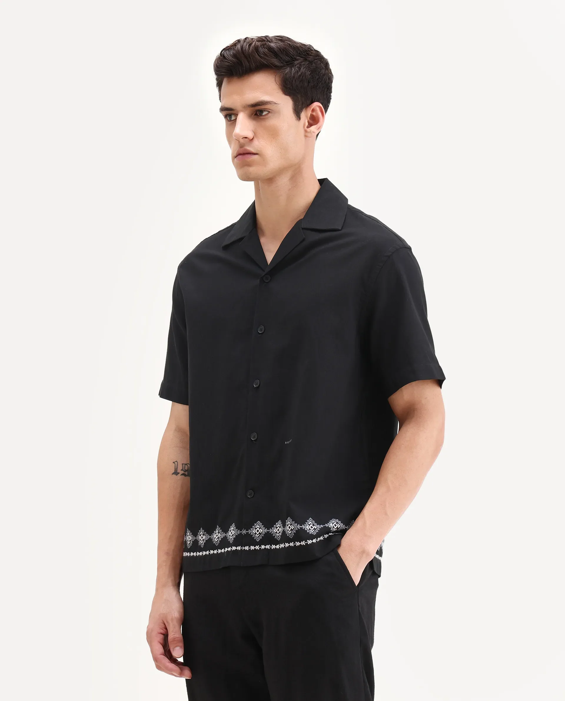 Rare Rabbit Men's Tirk Black Cotton Blend Embroidered Boxy Fit Half Sleeve Cuban Collar Shirt - Image 5