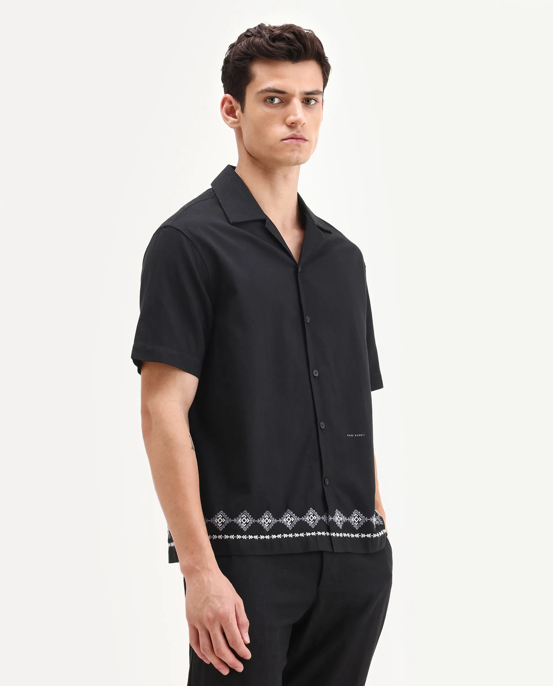 Rare Rabbit Men's Tirk Black Cotton Blend Embroidered Boxy Fit Half Sleeve Cuban Collar Shirt - Image 6