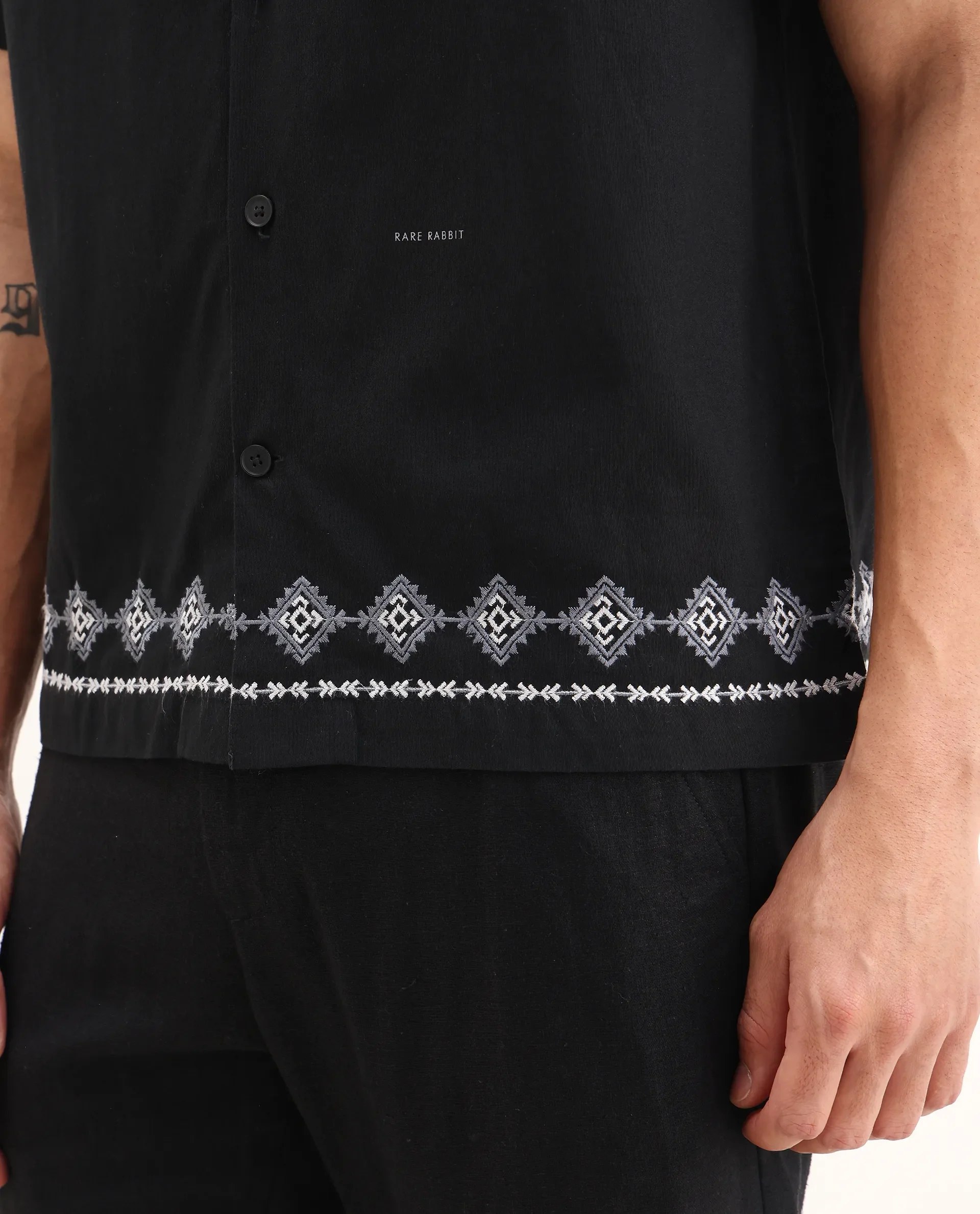 Rare Rabbit Men's Tirk Black Cotton Blend Embroidered Boxy Fit Half Sleeve Cuban Collar Shirt - Image 7