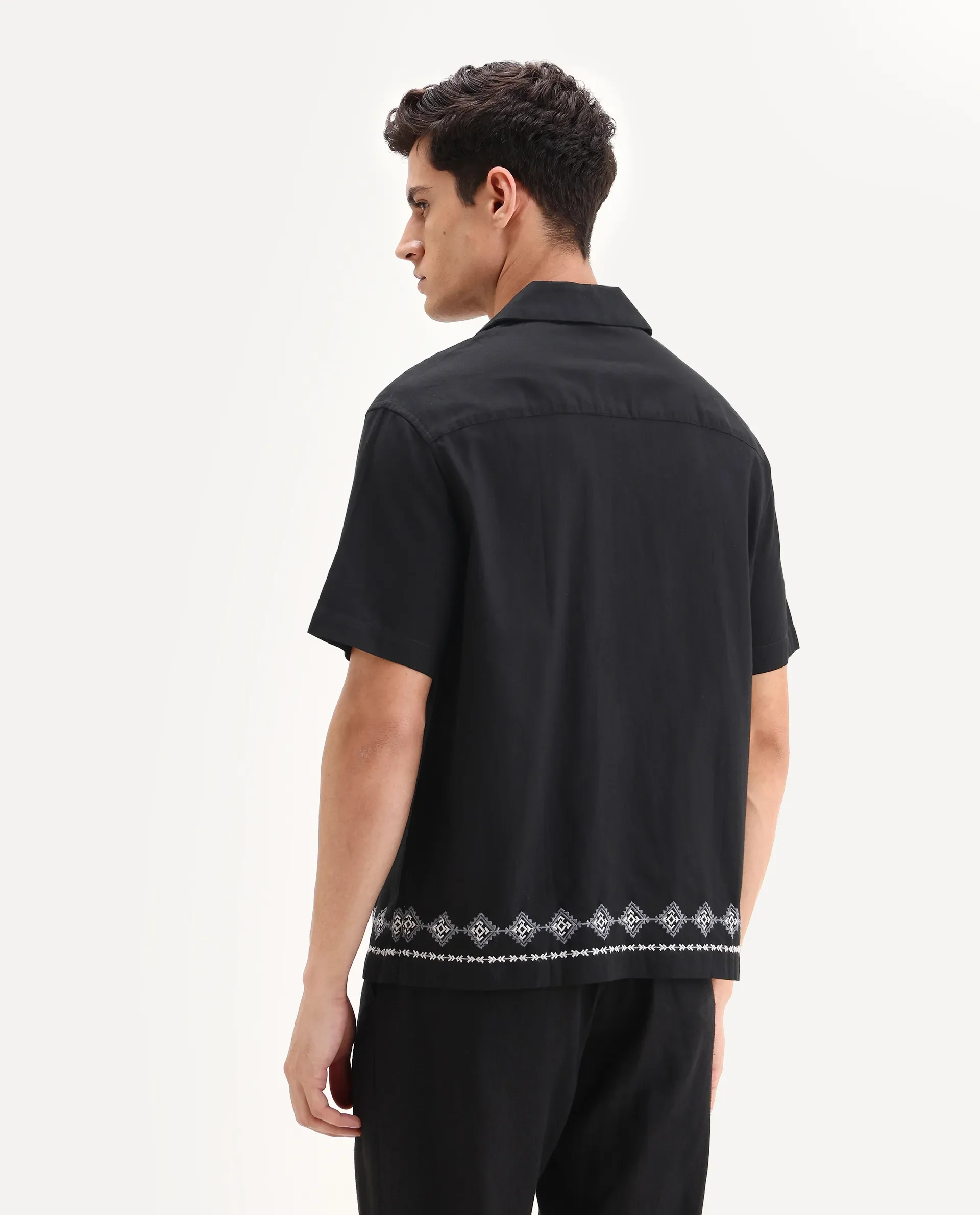 Rare Rabbit Men's Tirk Black Cotton Blend Embroidered Boxy Fit Half Sleeve Cuban Collar Shirt - Image 8