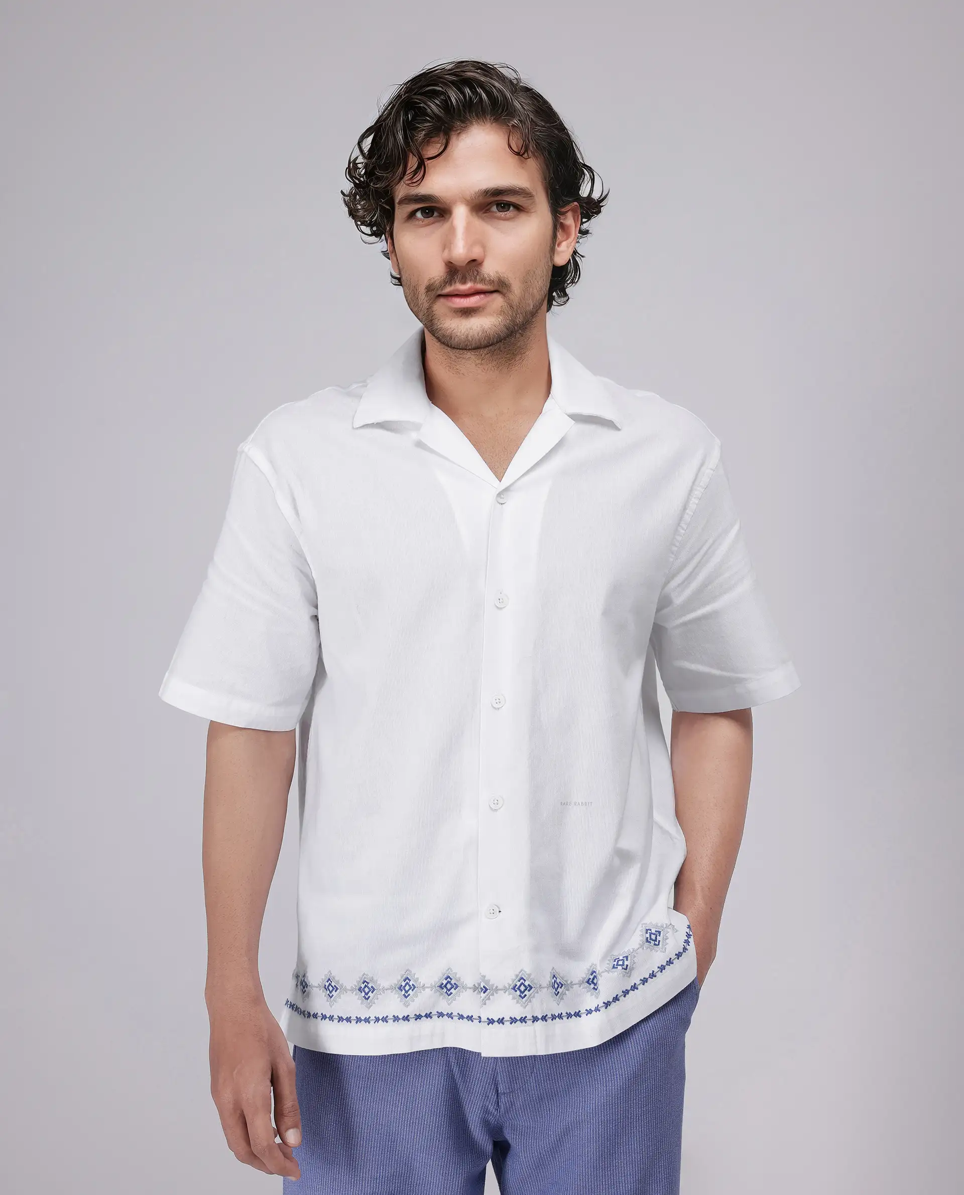 Rare Rabbit Men's Tirk White Cotton Embroidered Boxy Fit Half Sleeve Cuban Collar Shirt - Image 2