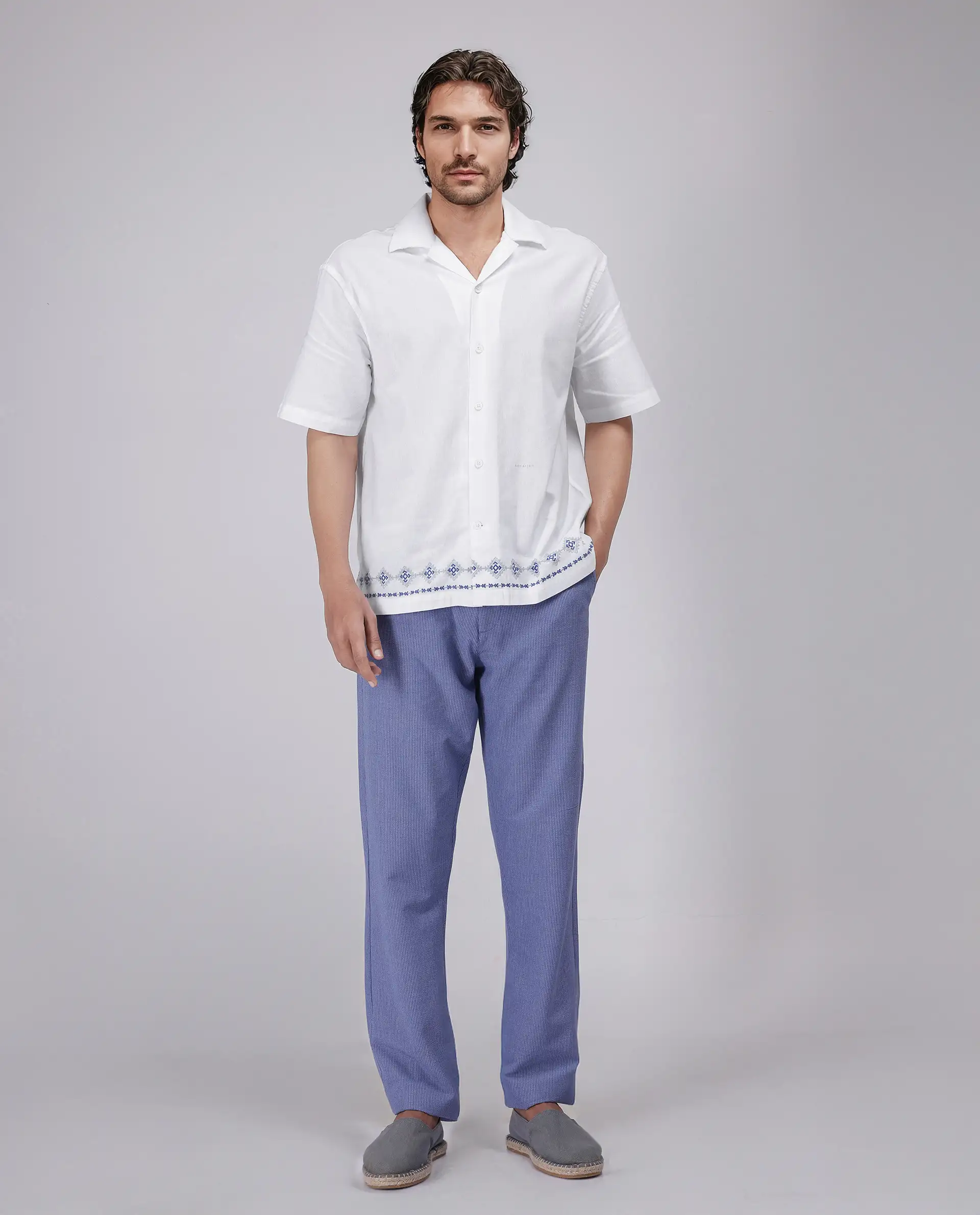 Rare Rabbit Men's Tirk White Cotton Embroidered Boxy Fit Half Sleeve Cuban Collar Shirt - Image 3