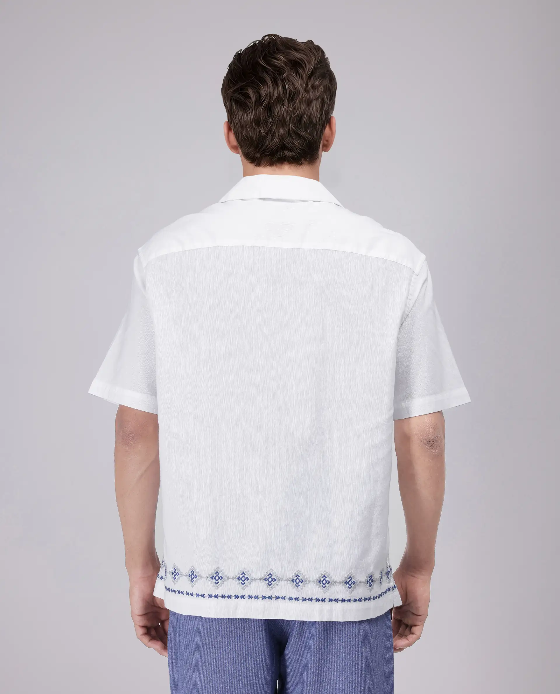 Rare Rabbit Men's Tirk White Cotton Embroidered Boxy Fit Half Sleeve Cuban Collar Shirt - Image 5