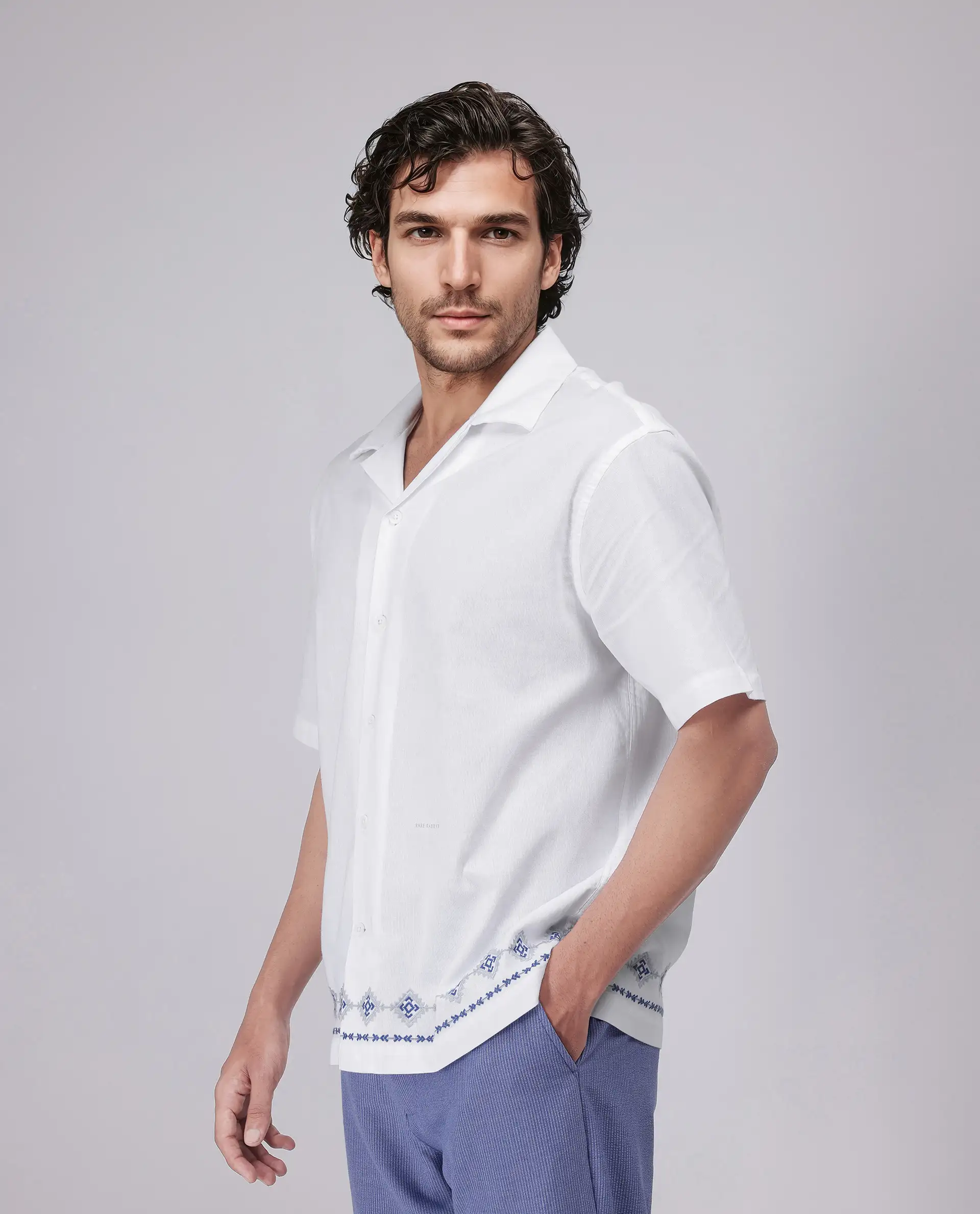 Rare Rabbit Men's Tirk White Cotton Embroidered Boxy Fit Half Sleeve Cuban Collar Shirt - Image 6