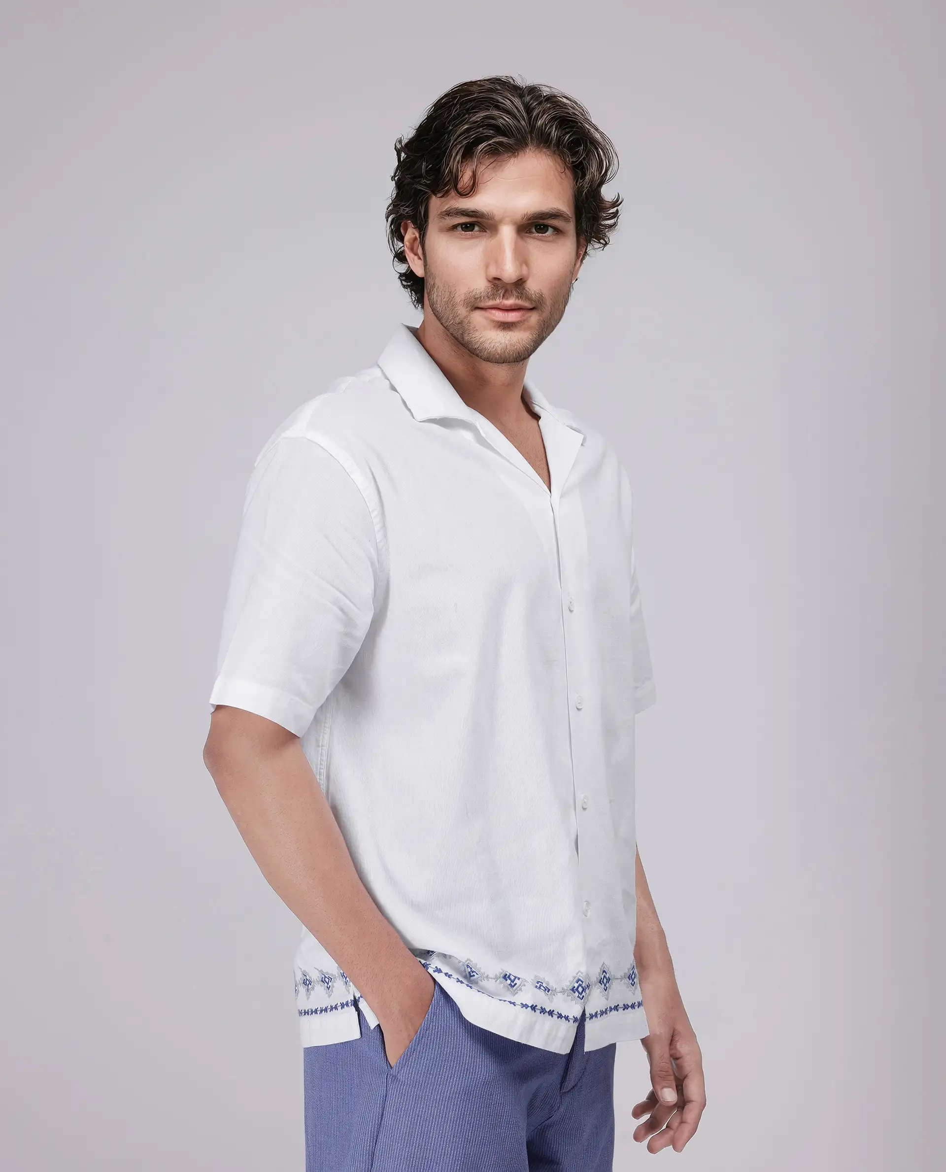 Rare Rabbit Men's Tirk White Cotton Embroidered Boxy Fit Half Sleeve Cuban Collar Shirt - Image 7