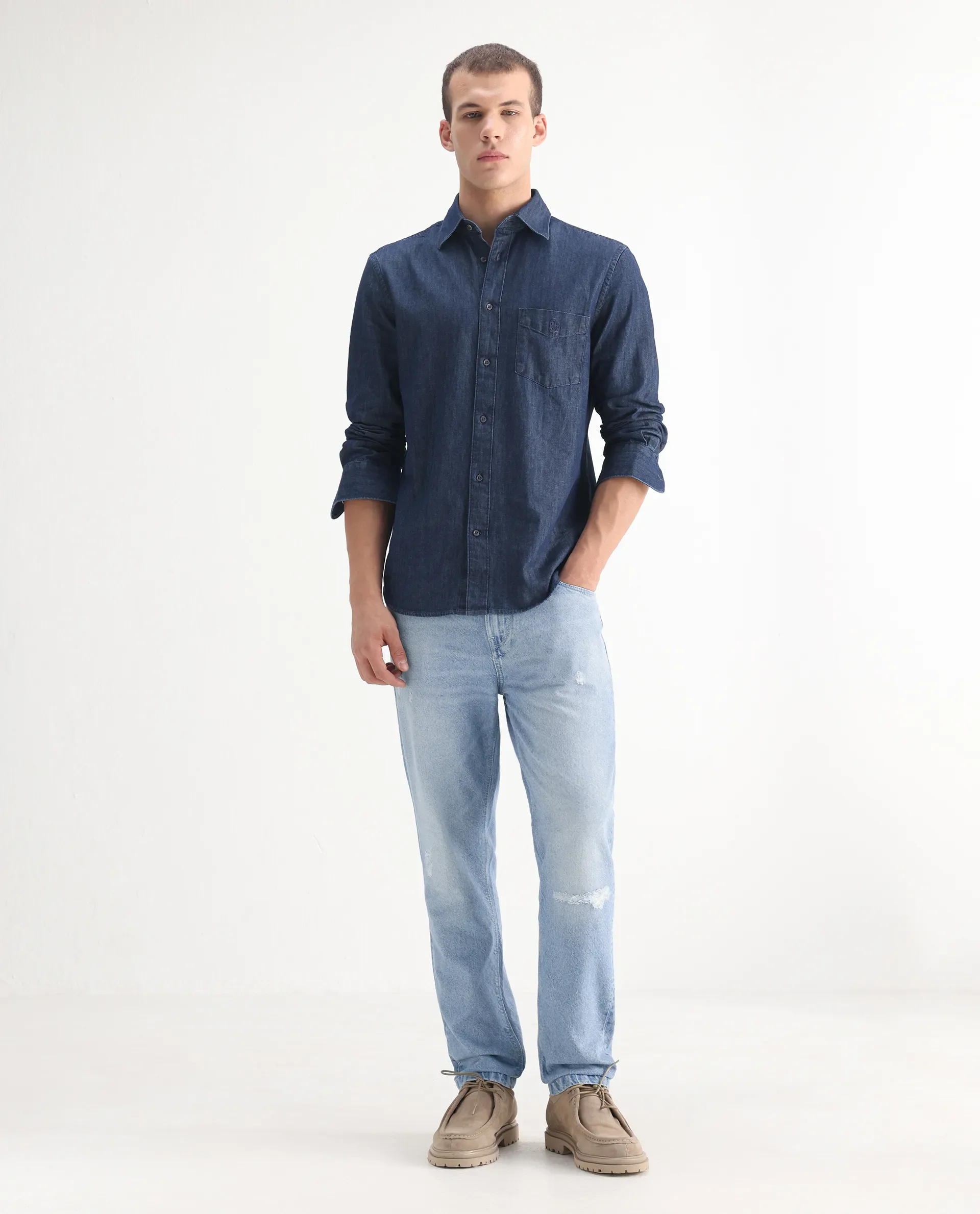 Rare Rabbit Mens Trika Light Blue Cotton Mid Wash Solid Regular Fit Jeans - Image 3