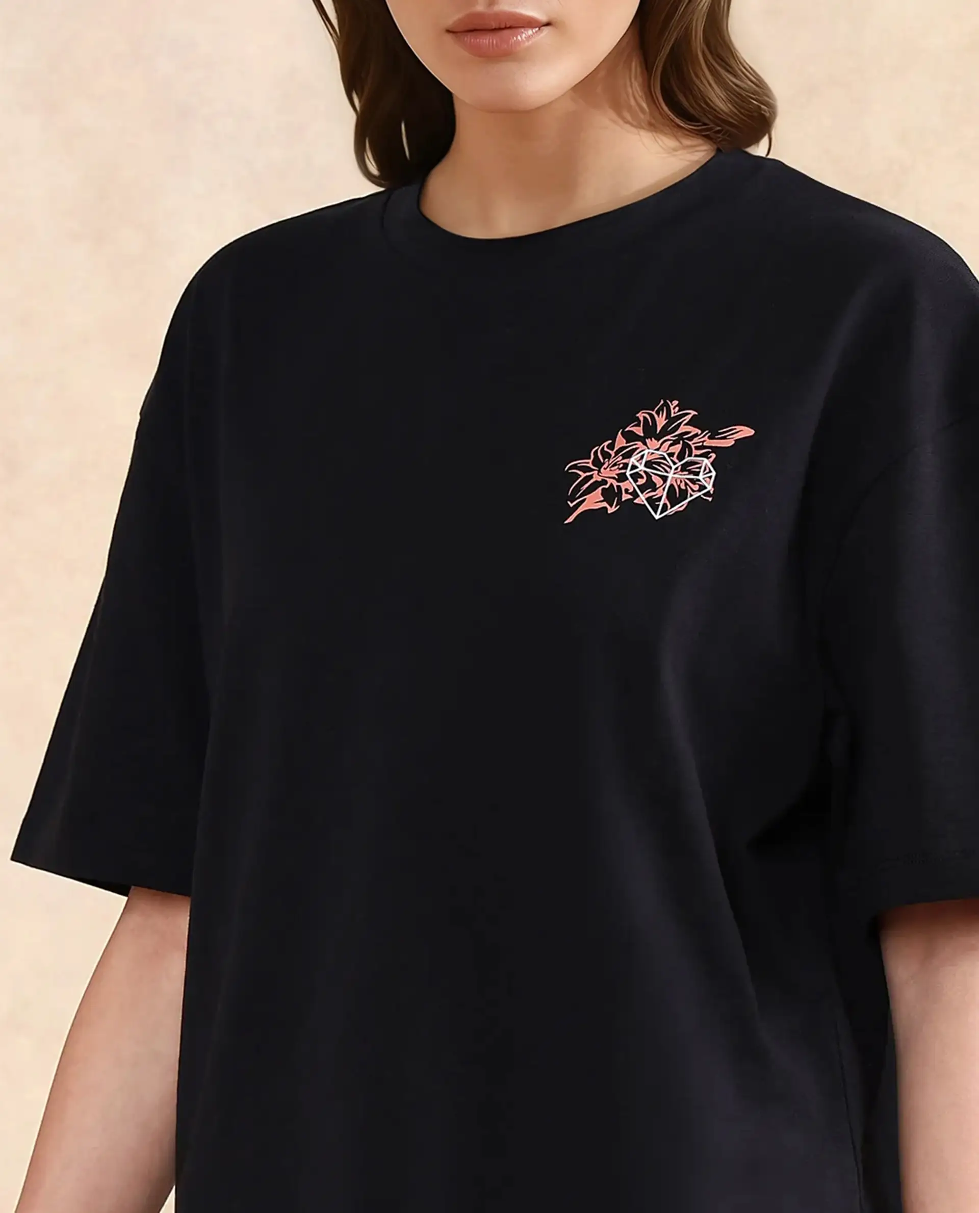 Rareism Women's Trill Black Cotton Crew Neck Graphic Print Oversized T-Shirt - Image 2