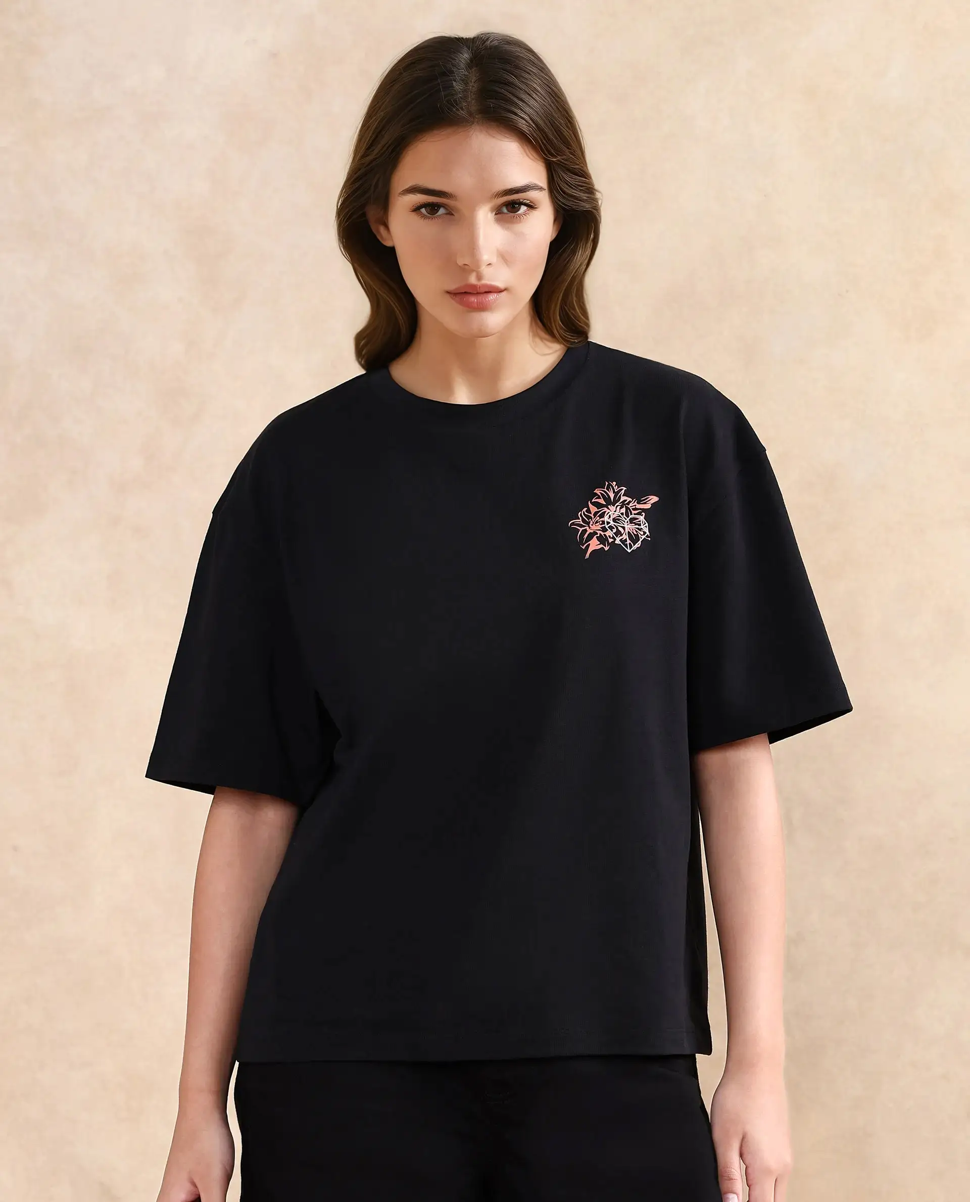 Rareism Women's Trill Black Cotton Crew Neck Graphic Print Oversized T-Shirt - Image 3