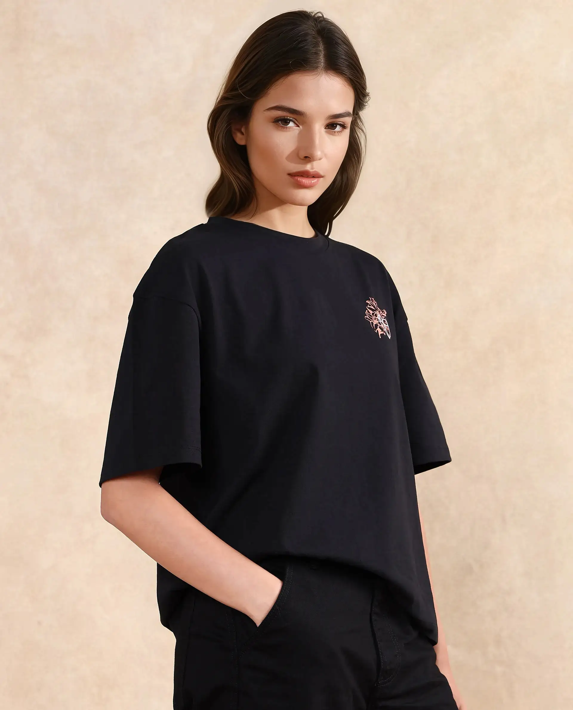 Rareism Women's Trill Black Cotton Crew Neck Graphic Print Oversized T-Shirt - Image 4