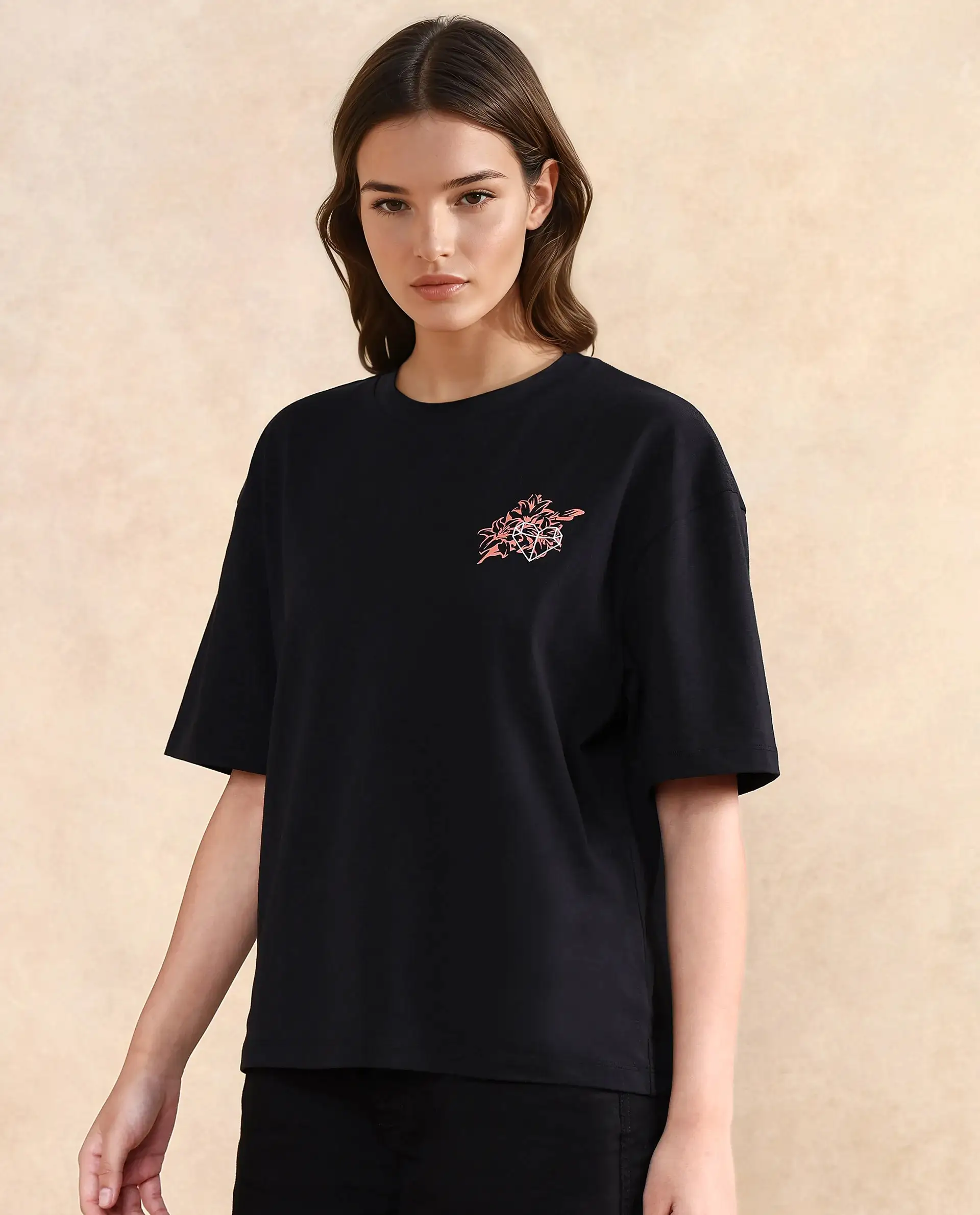 Rareism Women's Trill Black Cotton Crew Neck Graphic Print Oversized T-Shirt - Image 6