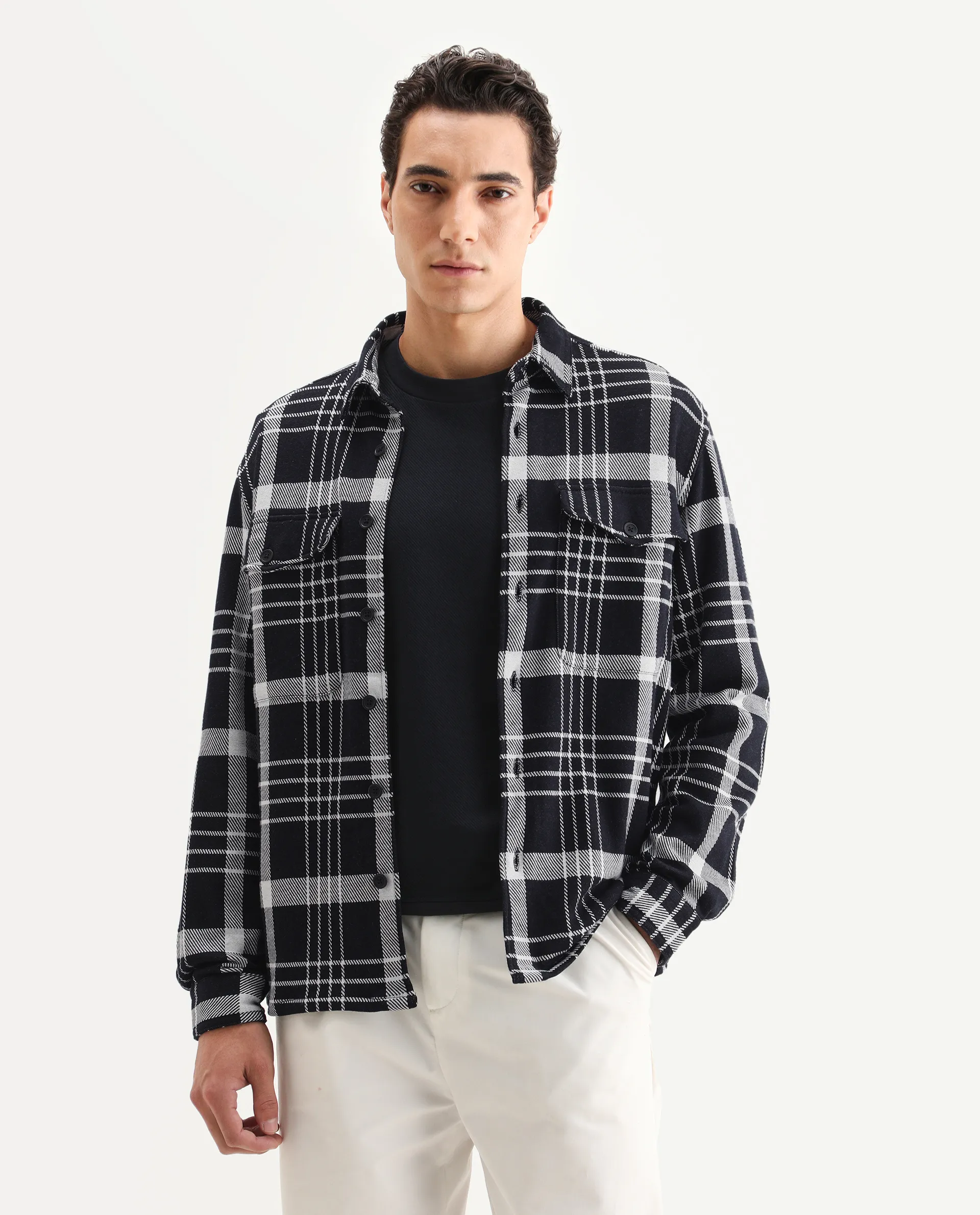 Rare Rabbit Men's Trillo Dark Navy Cotton Checked Print Relaxed Fit Full Sleeve Collared Shacket - Image 3