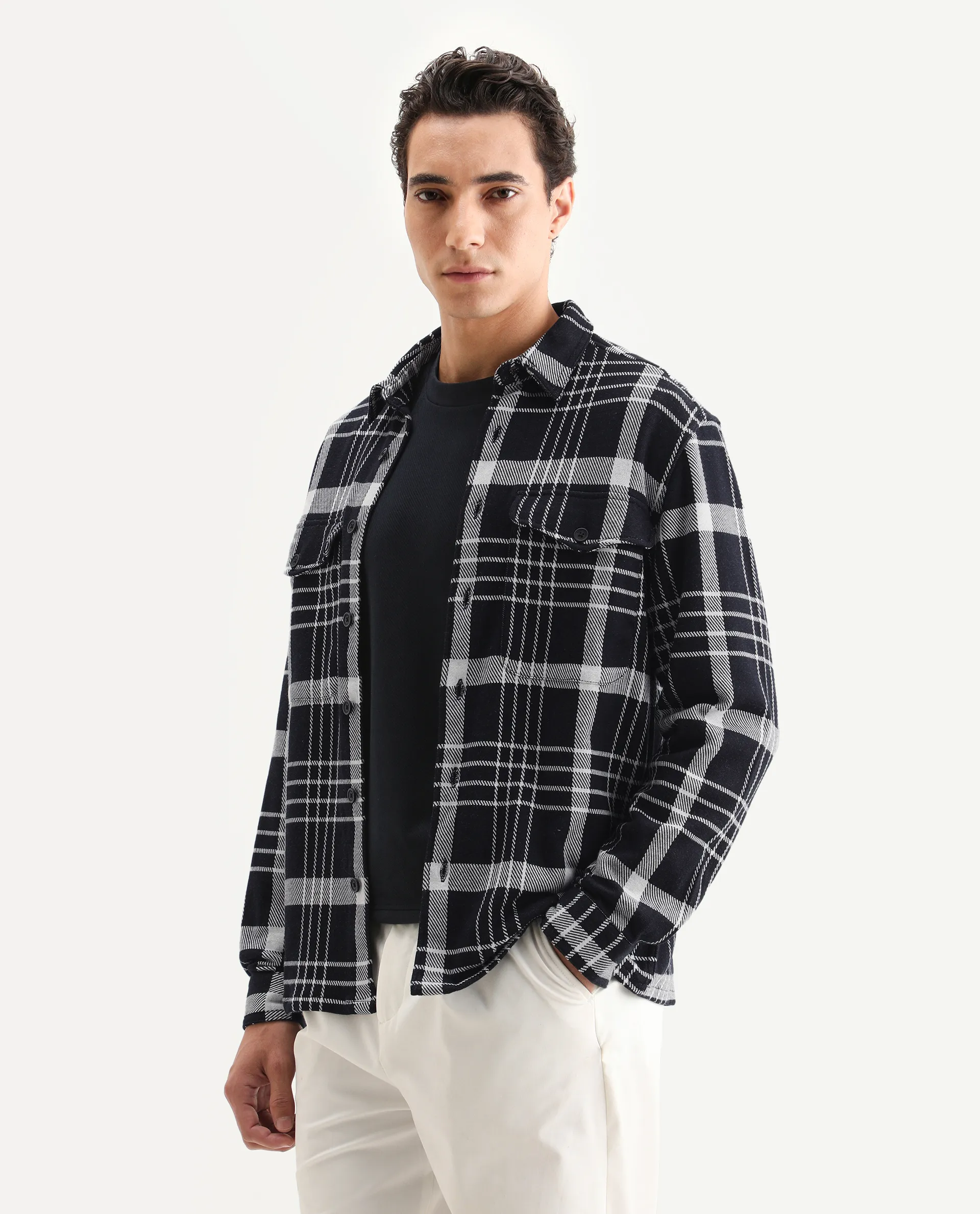 Rare Rabbit Men's Trillo Dark Navy Cotton Checked Print Relaxed Fit Full Sleeve Collared Shacket - Image 5