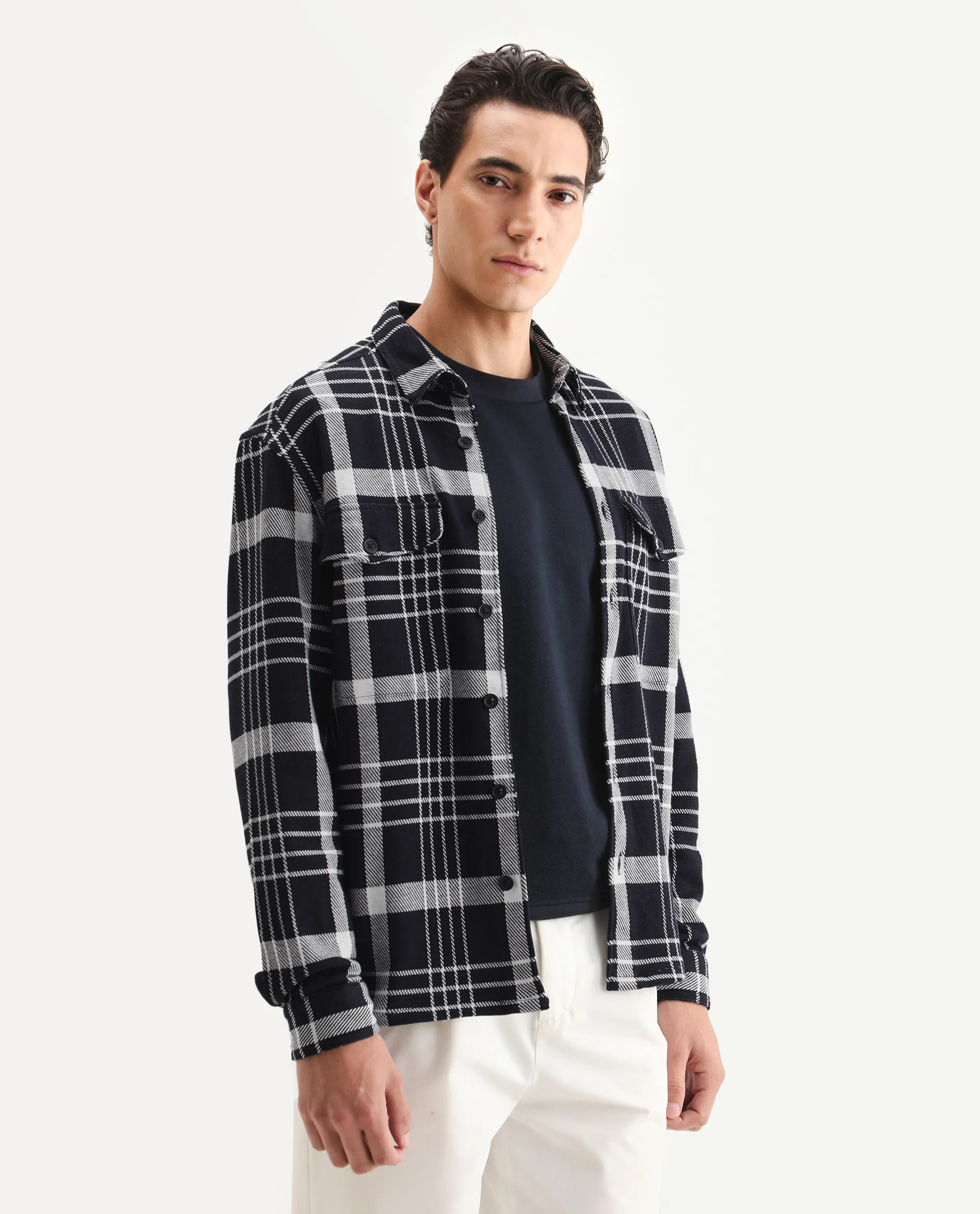 Rare Rabbit Men's Trillo Dark Navy Cotton Checked Print Relaxed Fit Full Sleeve Collared Shacket - Image 6