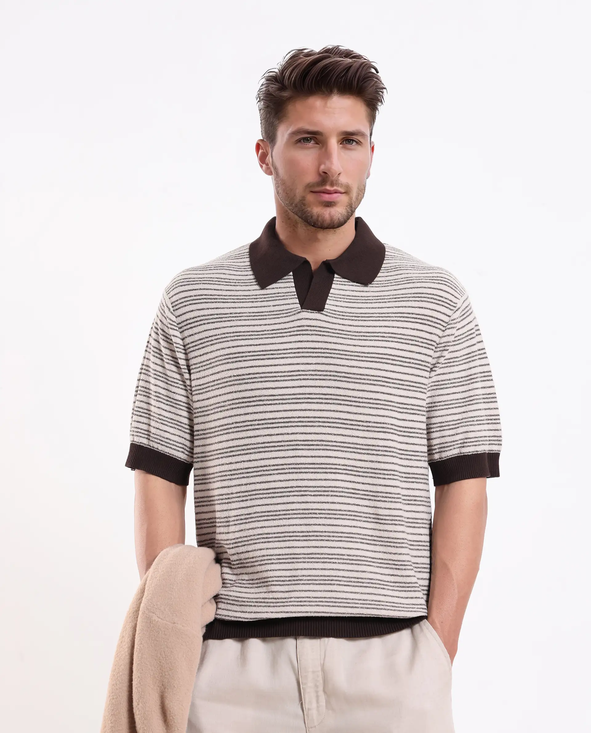 Rare Rabbit Men's Trin Brown Cotton Plain Regular Fit Half Sleeve Polo