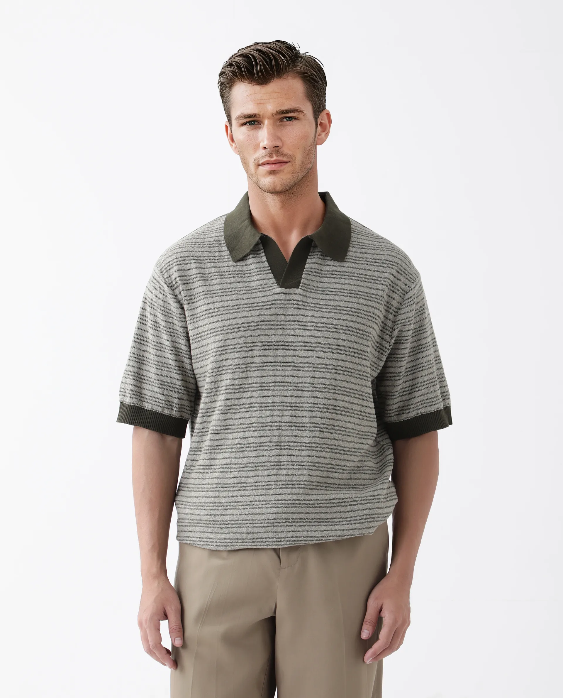 Rare Rabbit Men's Trin Dark Olive Cotton Striped Print Regular Fit Half Sleeve Polo