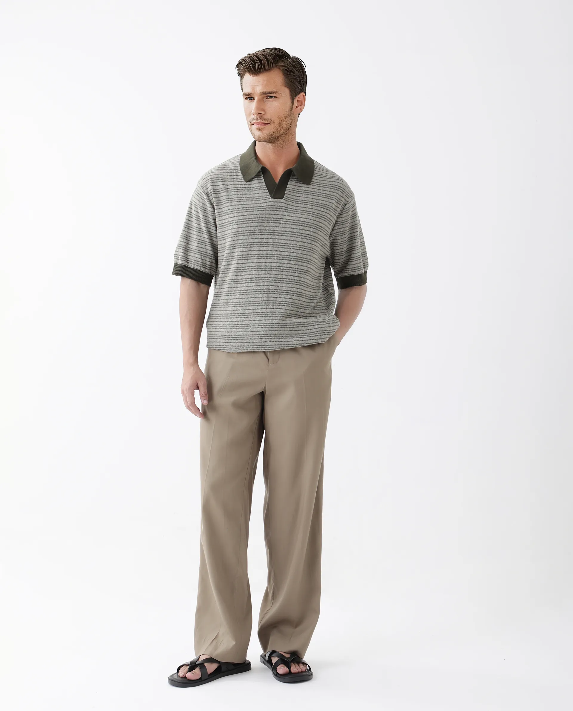 Rare Rabbit Men's Trin Dark Olive Cotton Striped Print Regular Fit Half Sleeve Polo - Image 2