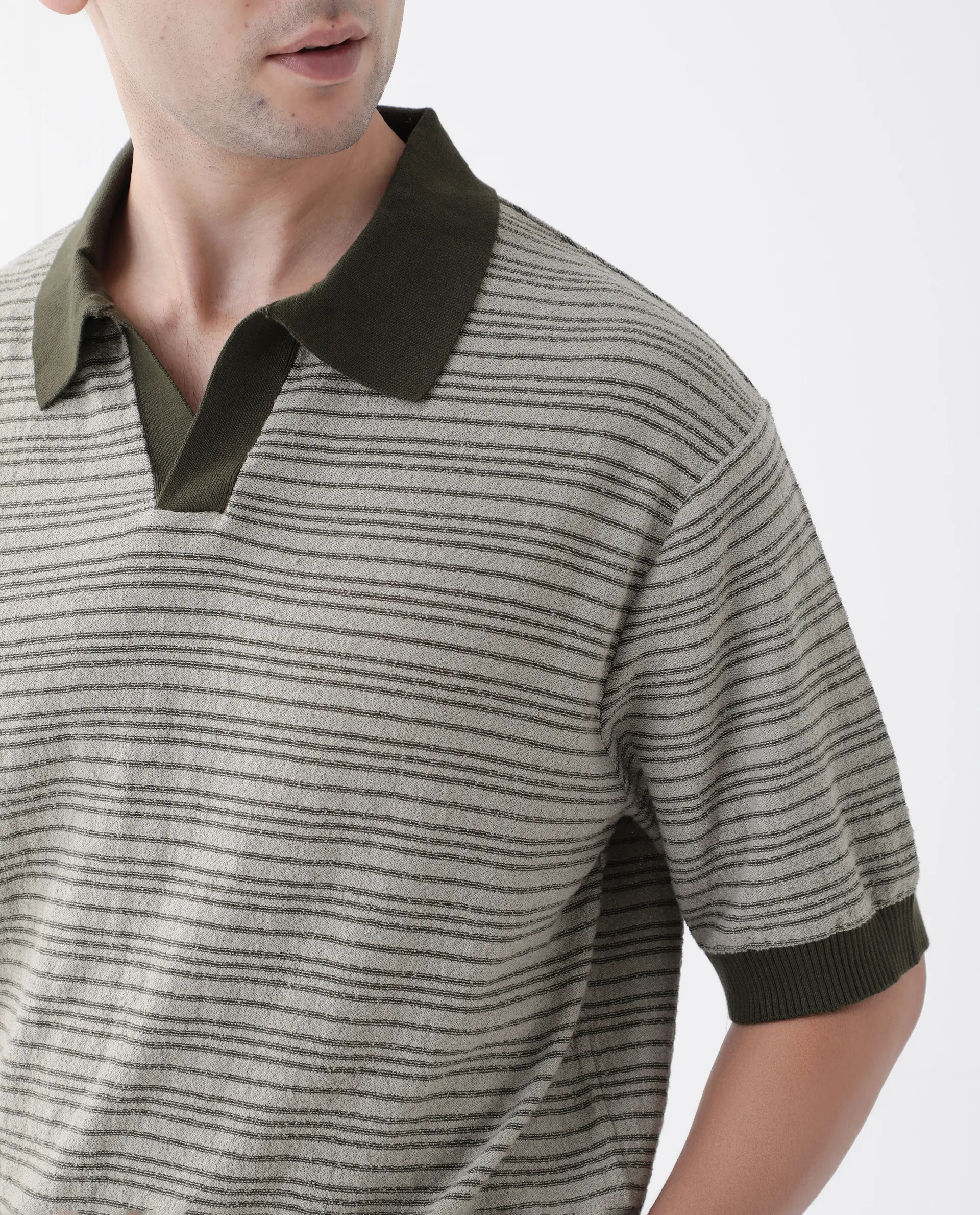 Rare Rabbit Men's Trin Dark Olive Cotton Striped Print Regular Fit Half Sleeve Polo - Image 3