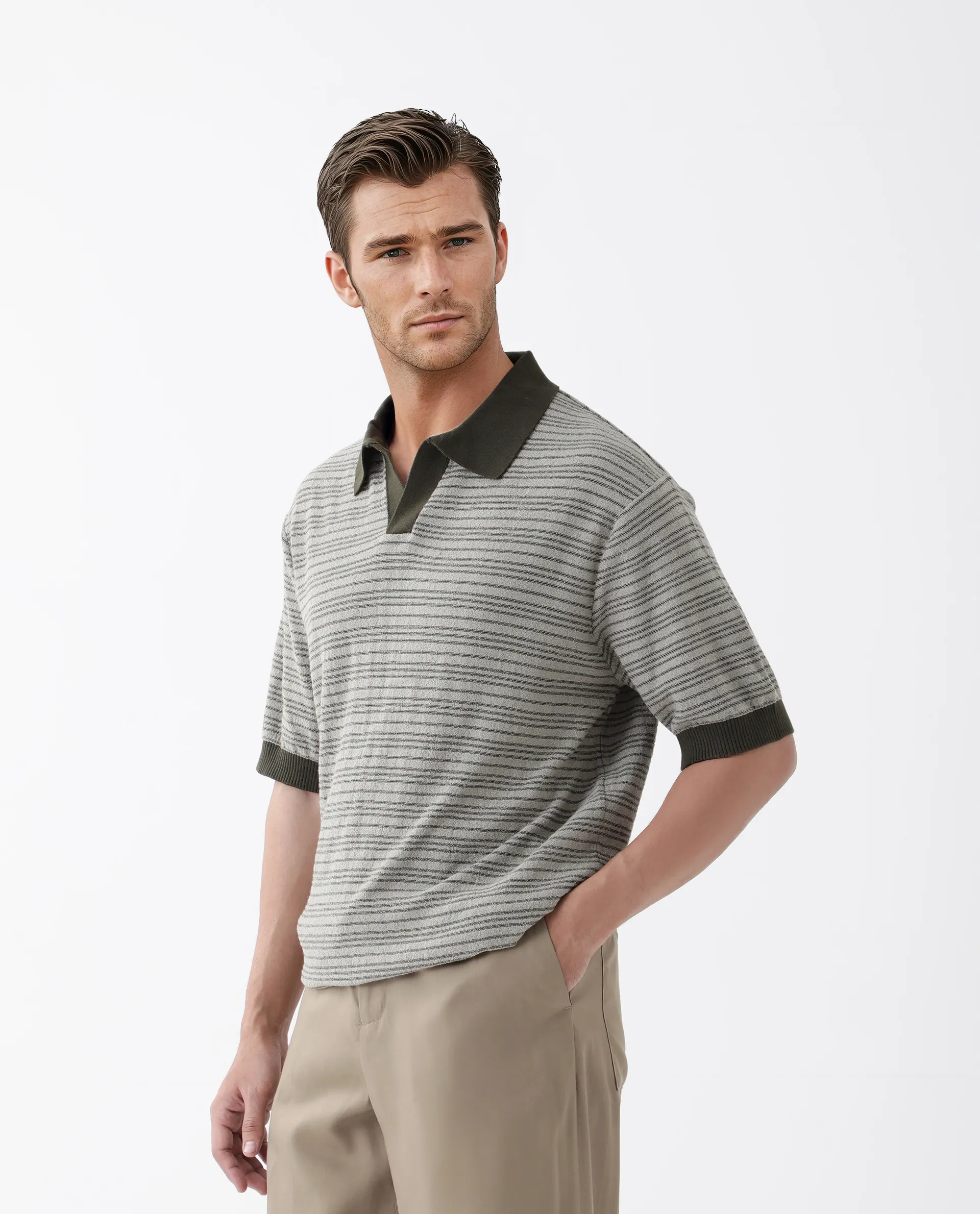 Rare Rabbit Men's Trin Dark Olive Cotton Striped Print Regular Fit Half Sleeve Polo - Image 4