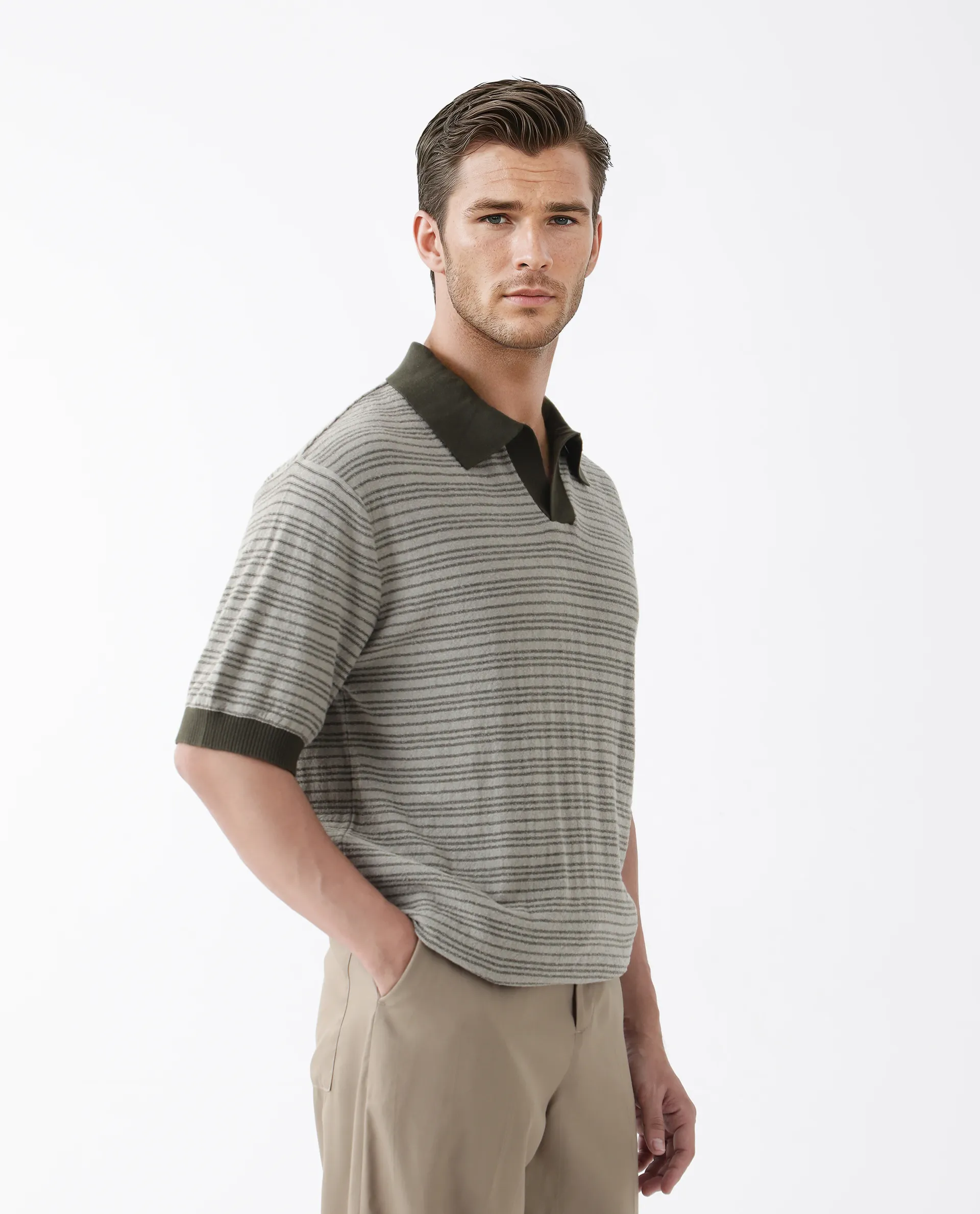 Rare Rabbit Men's Trin Dark Olive Cotton Striped Print Regular Fit Half Sleeve Polo - Image 5