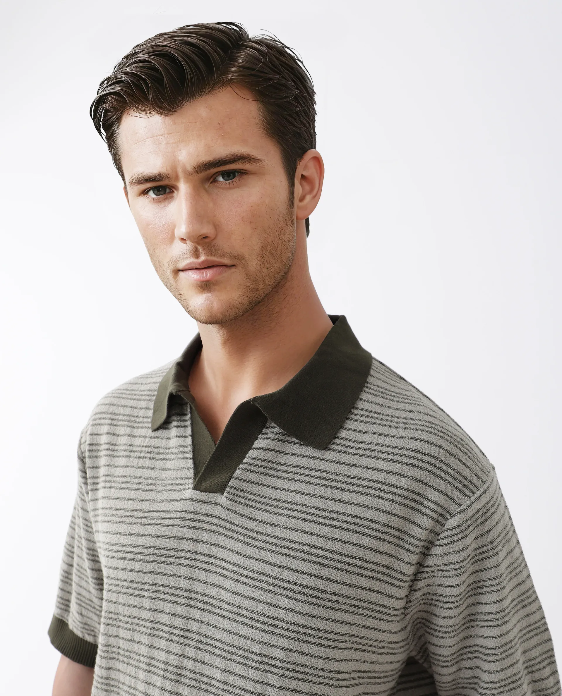 Rare Rabbit Men's Trin Dark Olive Cotton Striped Print Regular Fit Half Sleeve Polo - Image 7