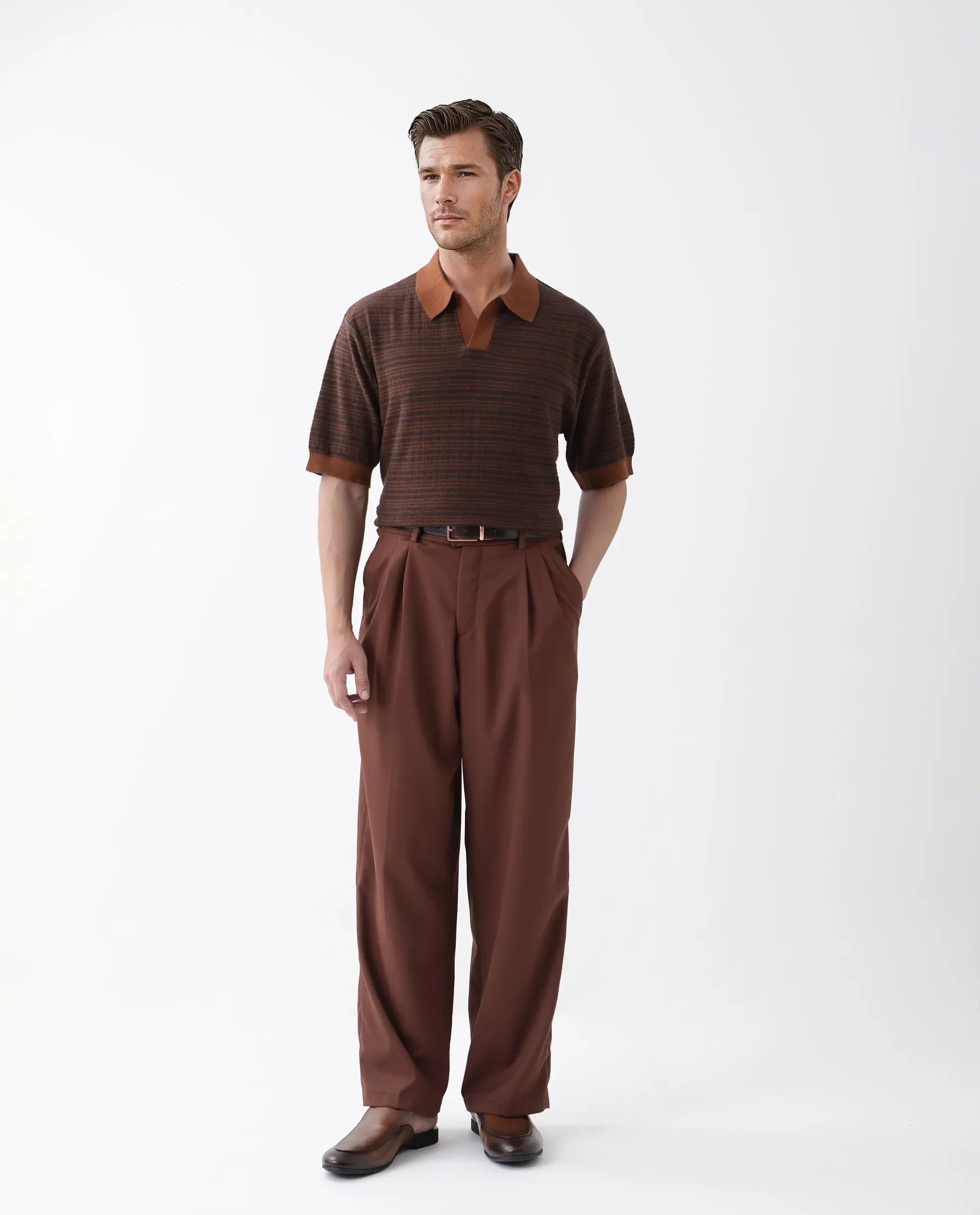 Rare Rabbit Men's Trin Rust Cotton Striped Print Regular Fit Half Sleeve Polo - Image 2