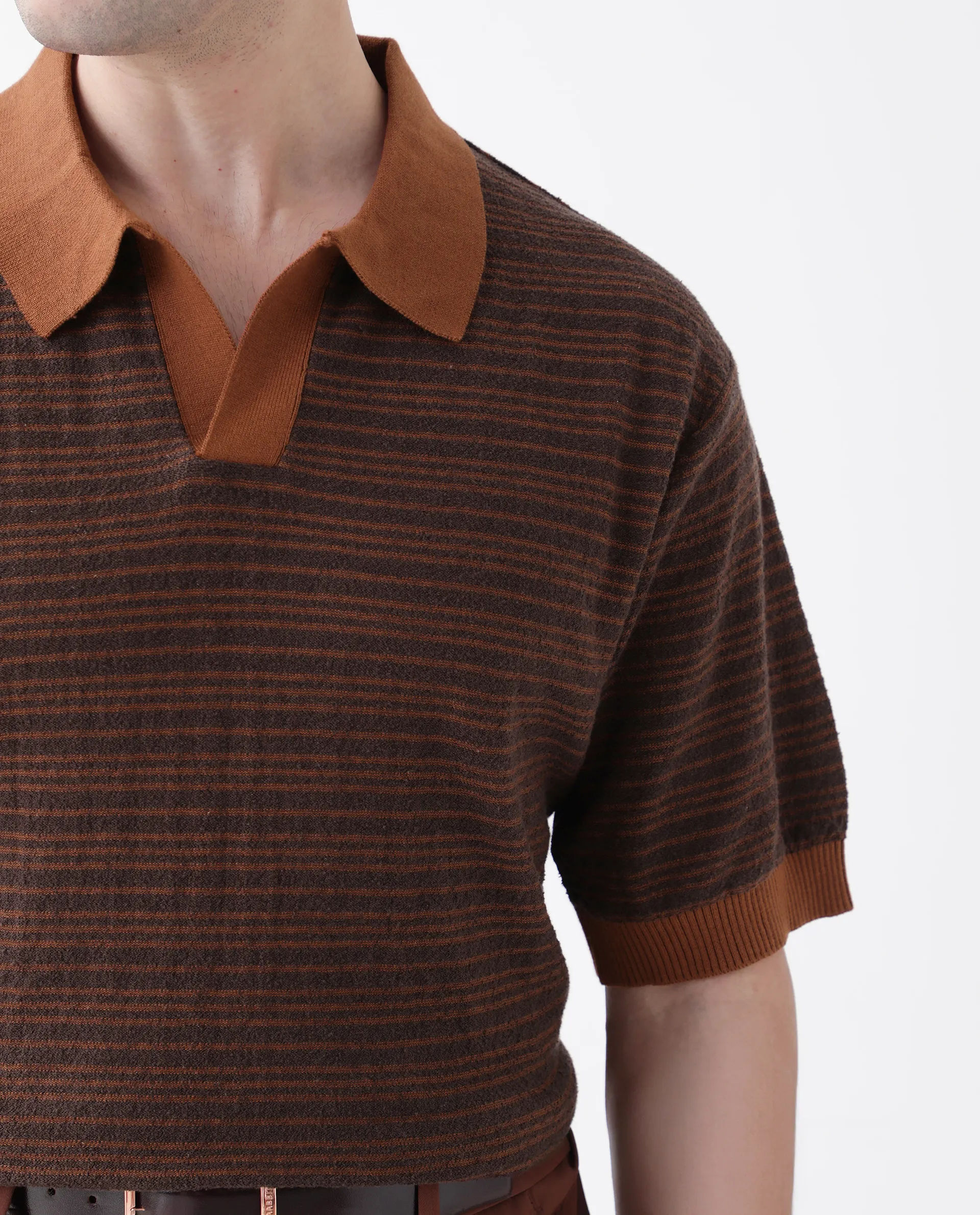 Rare Rabbit Men's Trin Rust Cotton Striped Print Regular Fit Half Sleeve Polo - Image 3