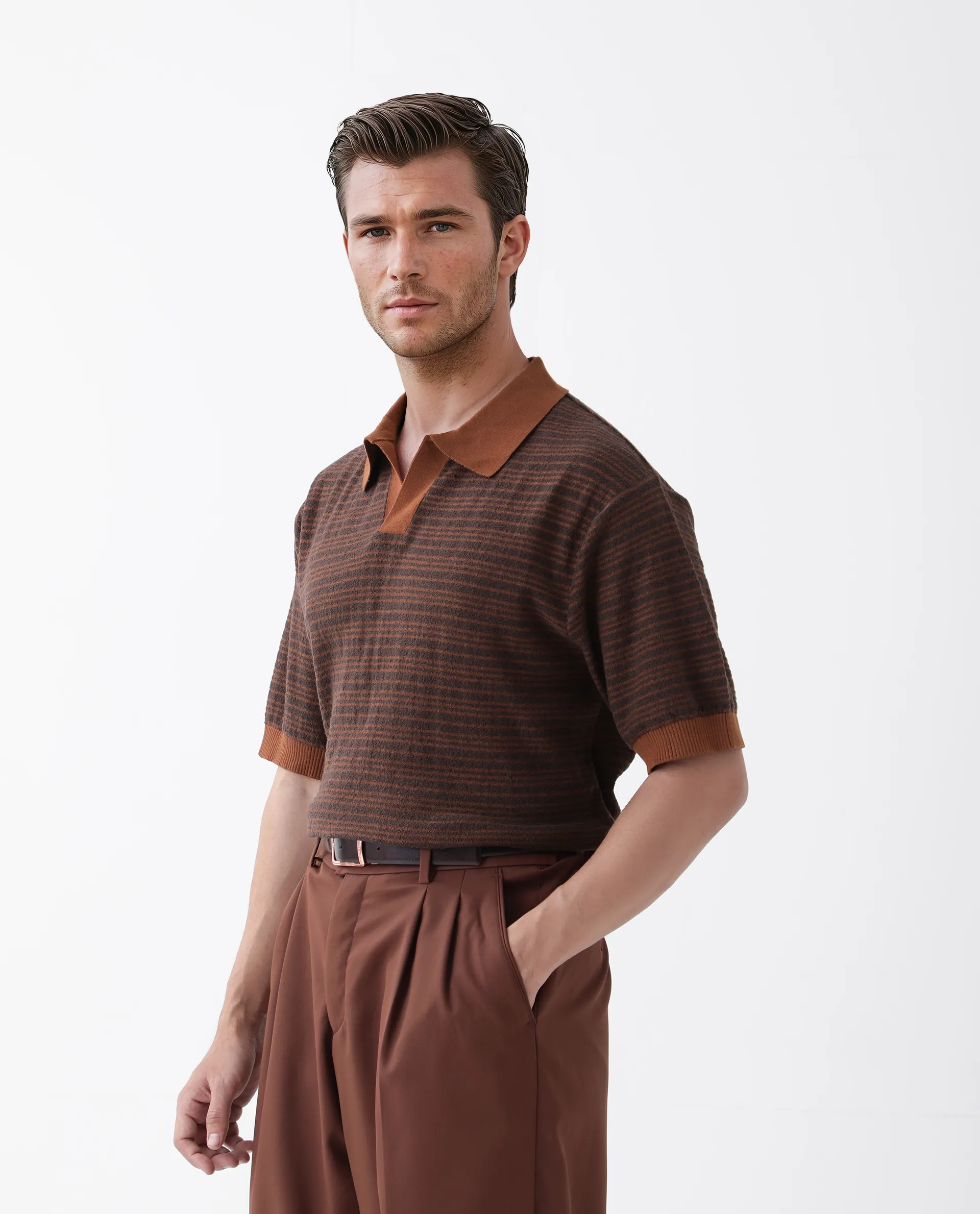Rare Rabbit Men's Trin Rust Cotton Striped Print Regular Fit Half Sleeve Polo - Image 4