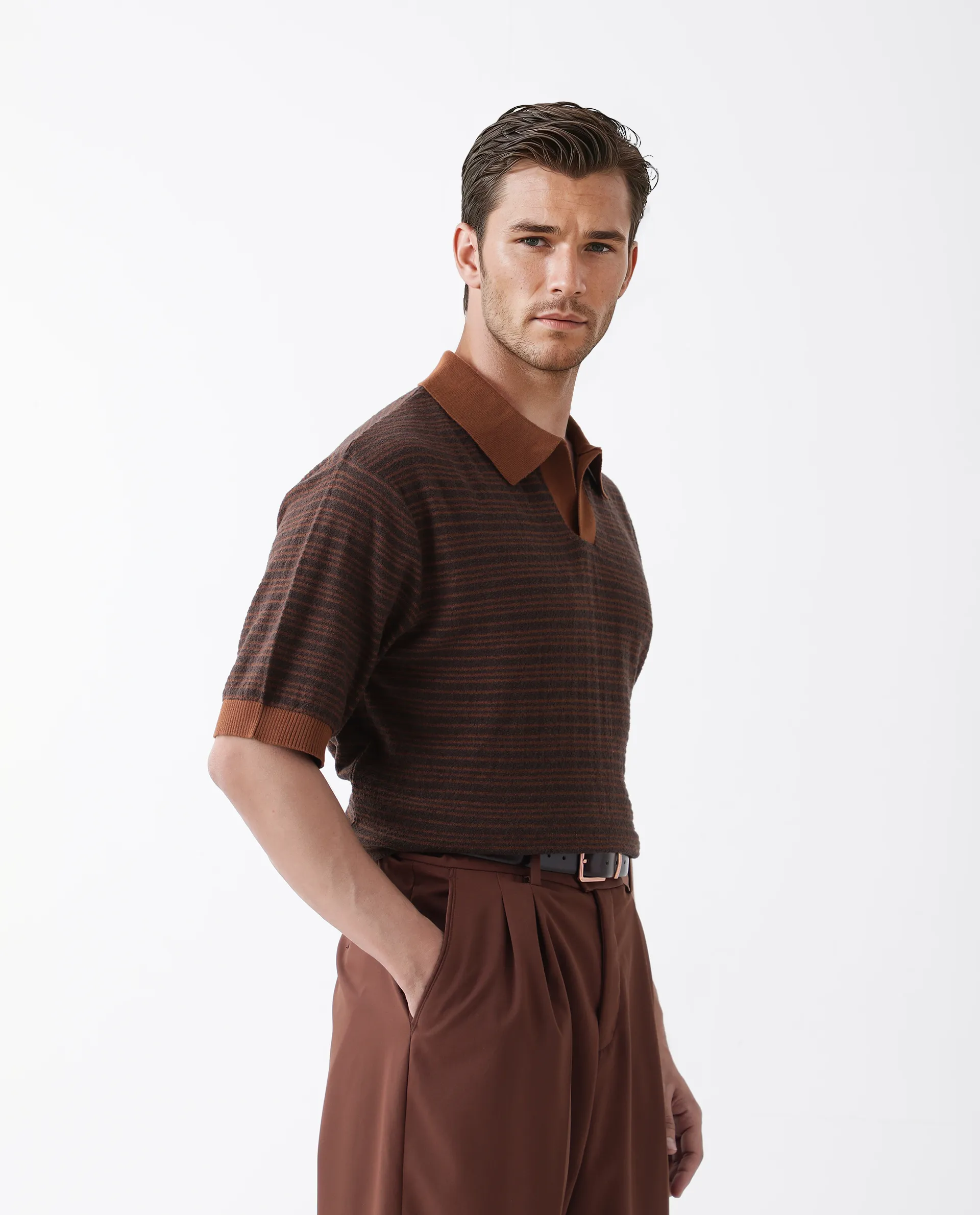Rare Rabbit Men's Trin Rust Cotton Striped Print Regular Fit Half Sleeve Polo - Image 5