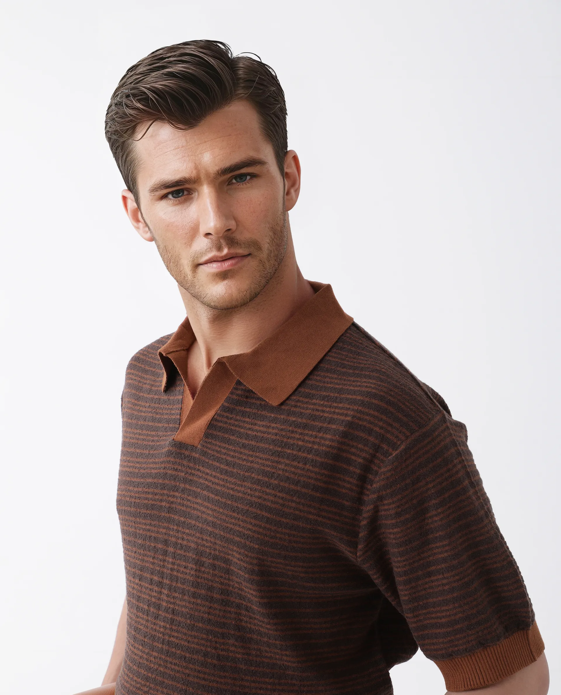 Rare Rabbit Men's Trin Rust Cotton Striped Print Regular Fit Half Sleeve Polo - Image 7