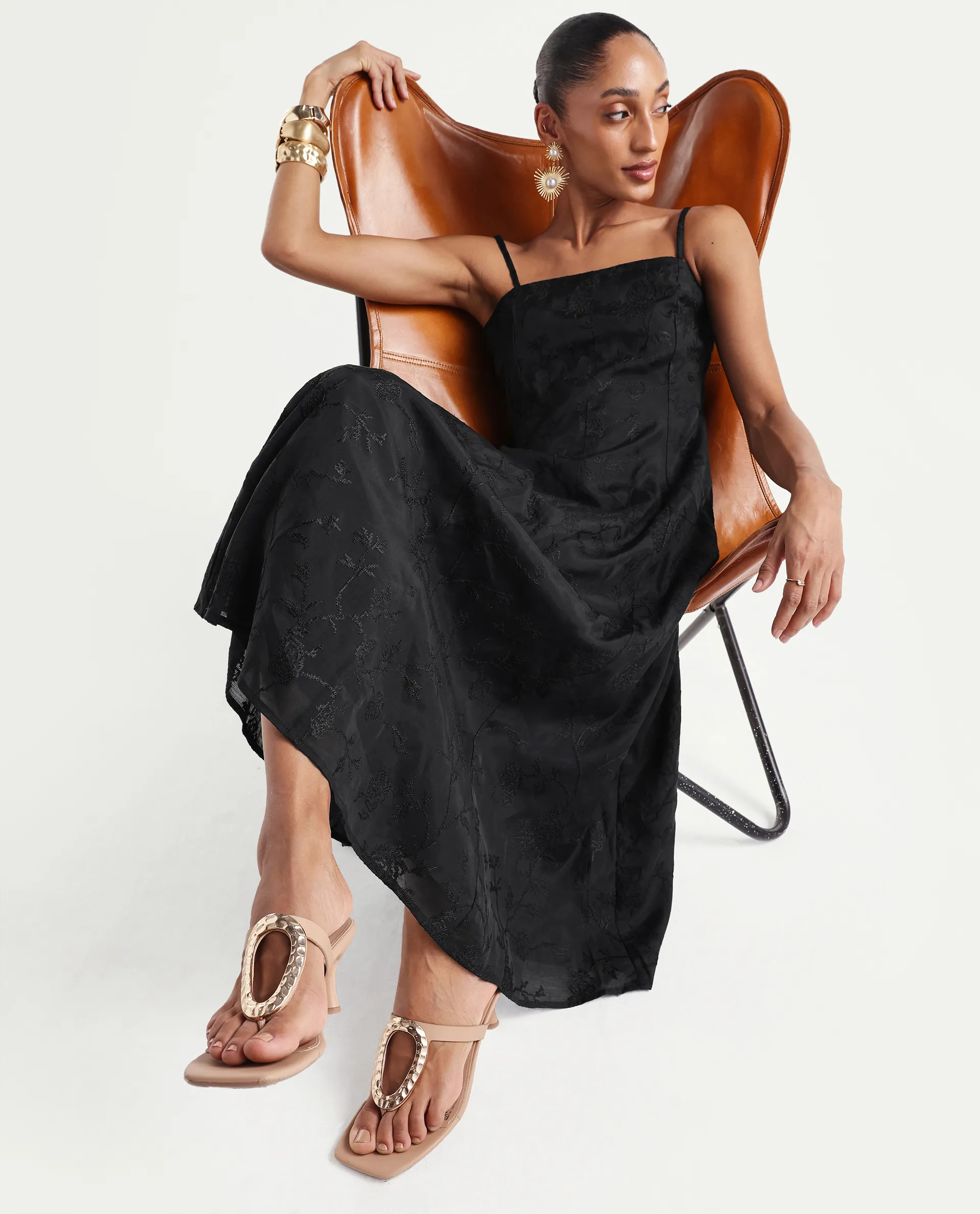 Rareism Women's Trini Dark Black Viscose Fit And Flare Plain Dress