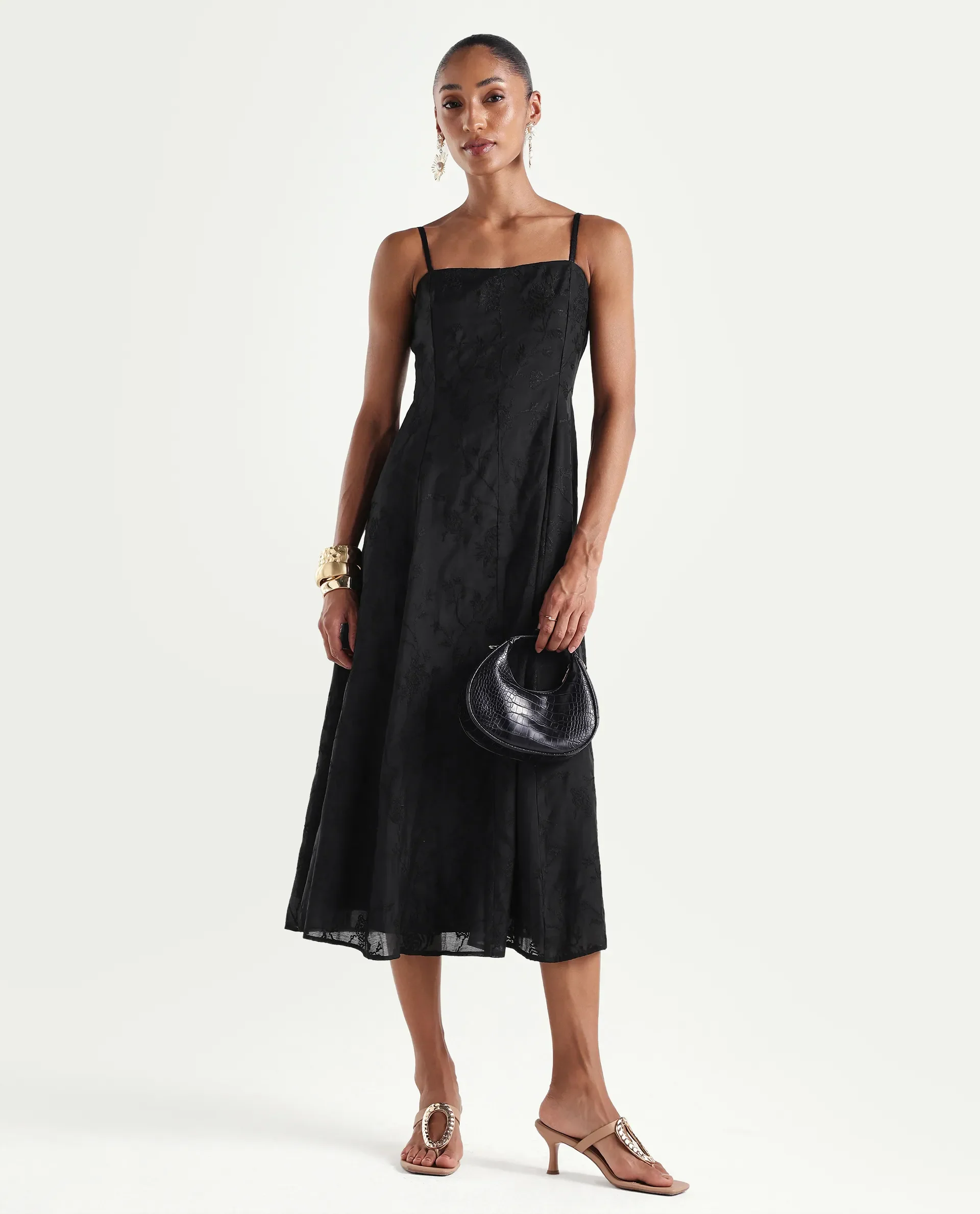 Rareism Women's Trini Dark Black Viscose Fit And Flare Plain Dress - Image 2