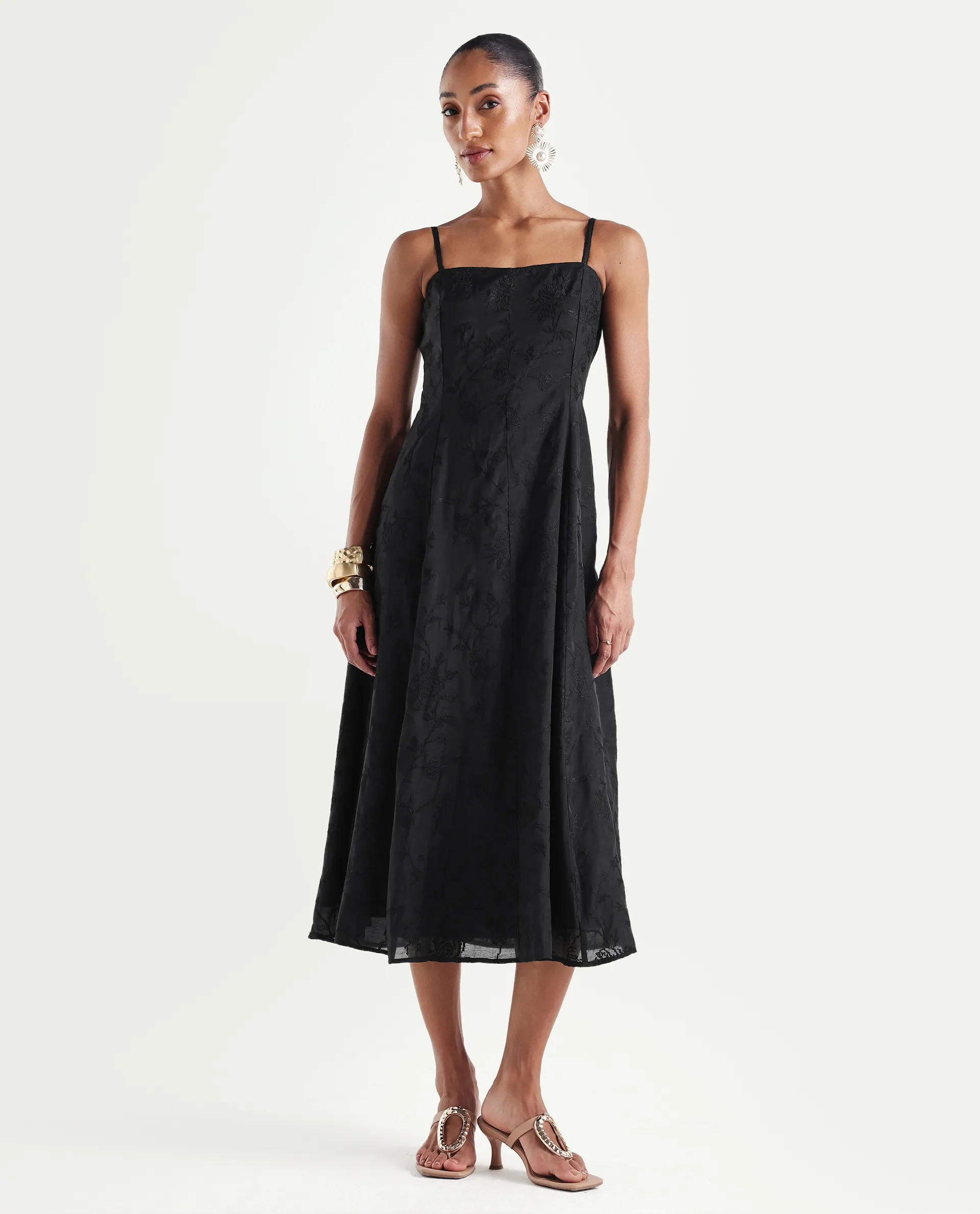 Rareism Women's Trini Dark Black Viscose Fit And Flare Plain Dress - Image 4