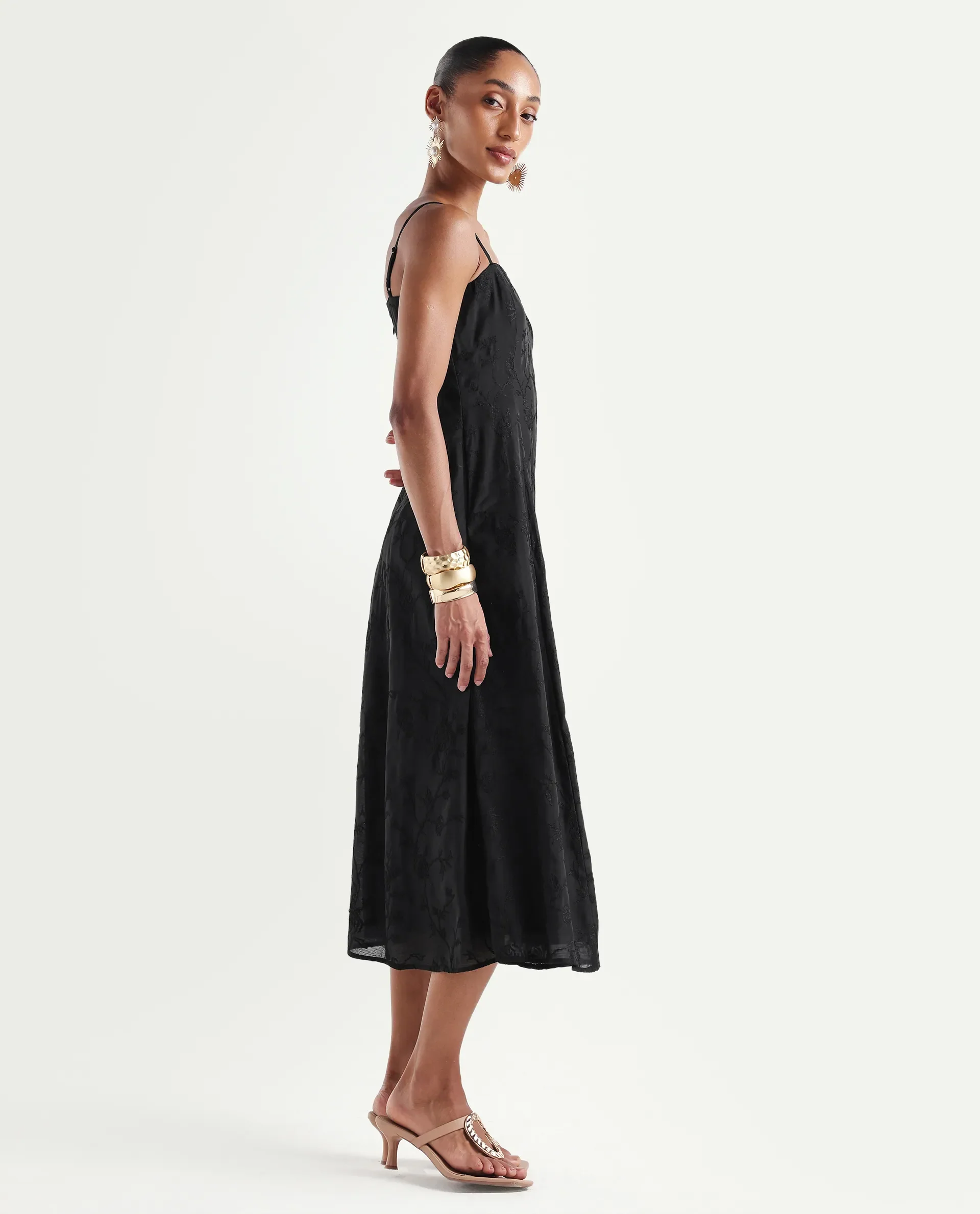 Rareism Women's Trini Dark Black Viscose Fit And Flare Plain Dress - Image 5