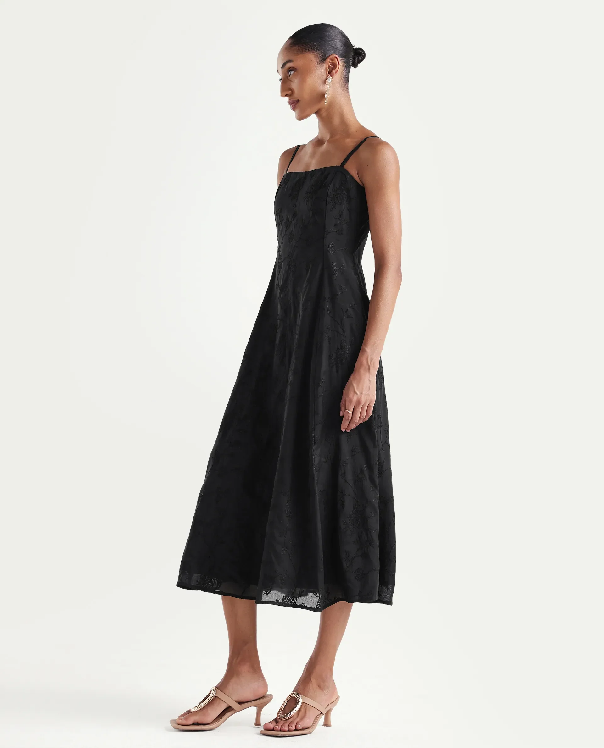 Rareism Women's Trini Dark Black Viscose Fit And Flare Plain Dress - Image 6
