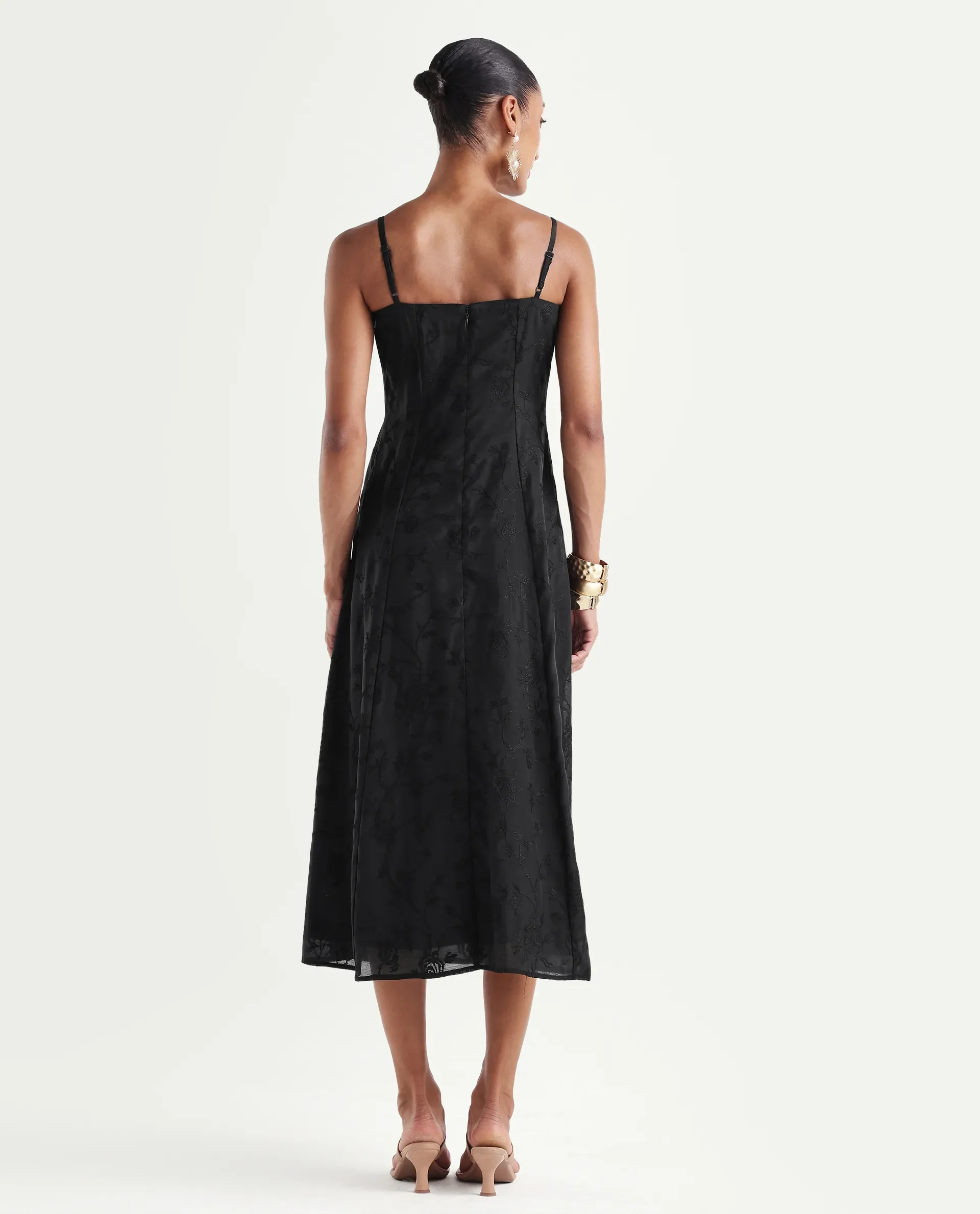 Rareism Women's Trini Dark Black Viscose Fit And Flare Plain Dress - Image 7