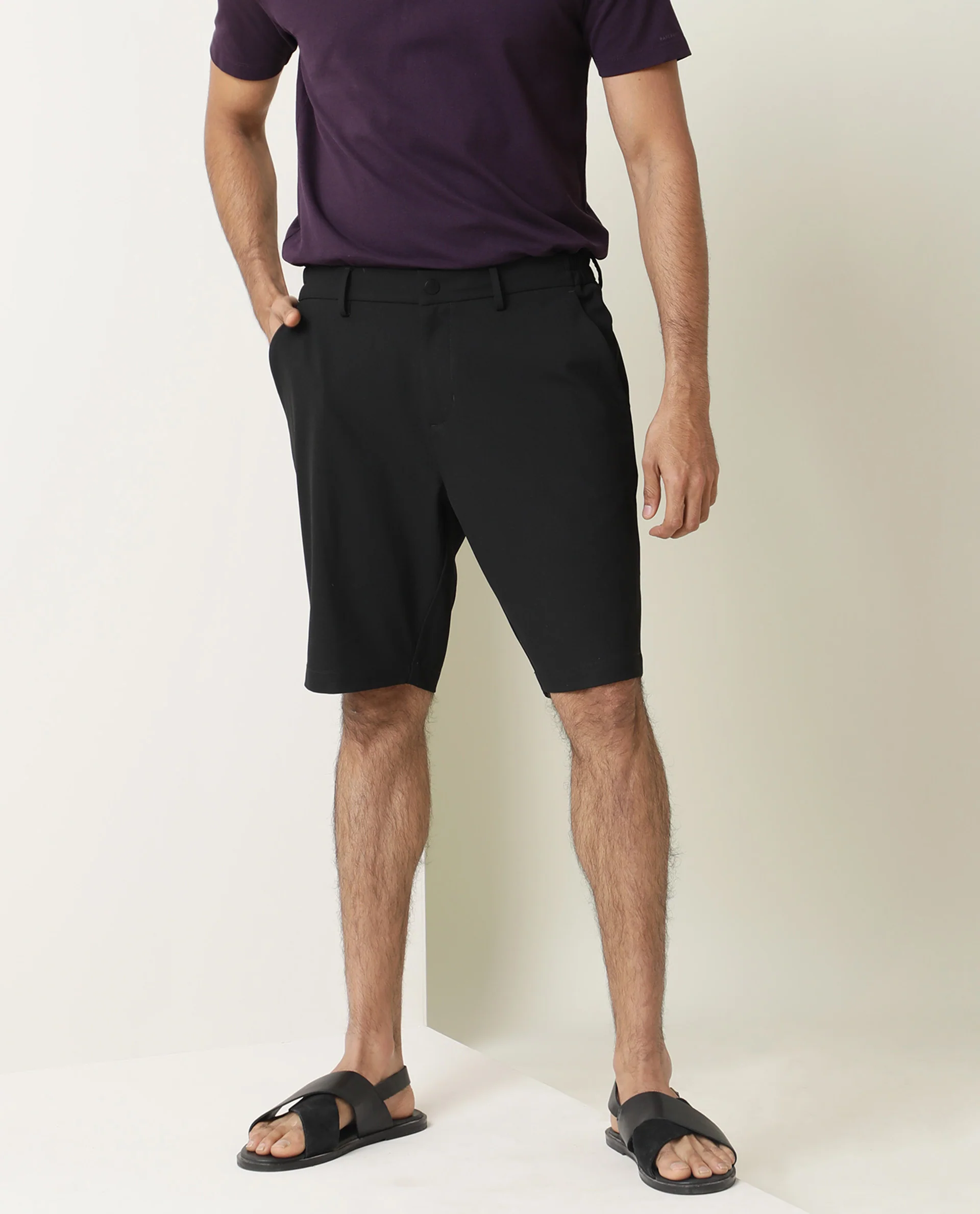 Rare Rabbit Men's Trip Black Polyester Plain Relaxed Fit Shorts