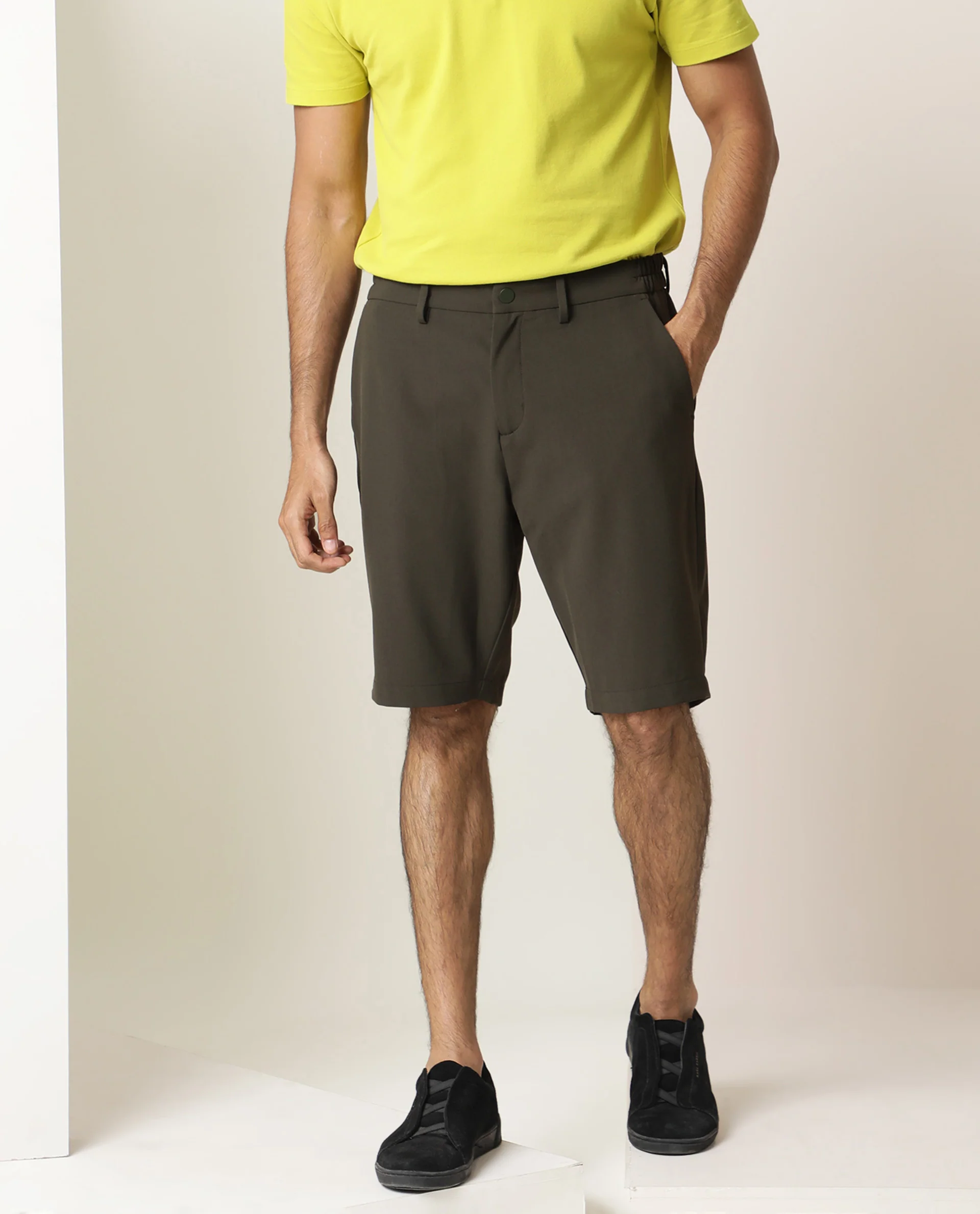 Rare Rabbit Men's Trip Olive Polyester Plain Regular Fit Shorts