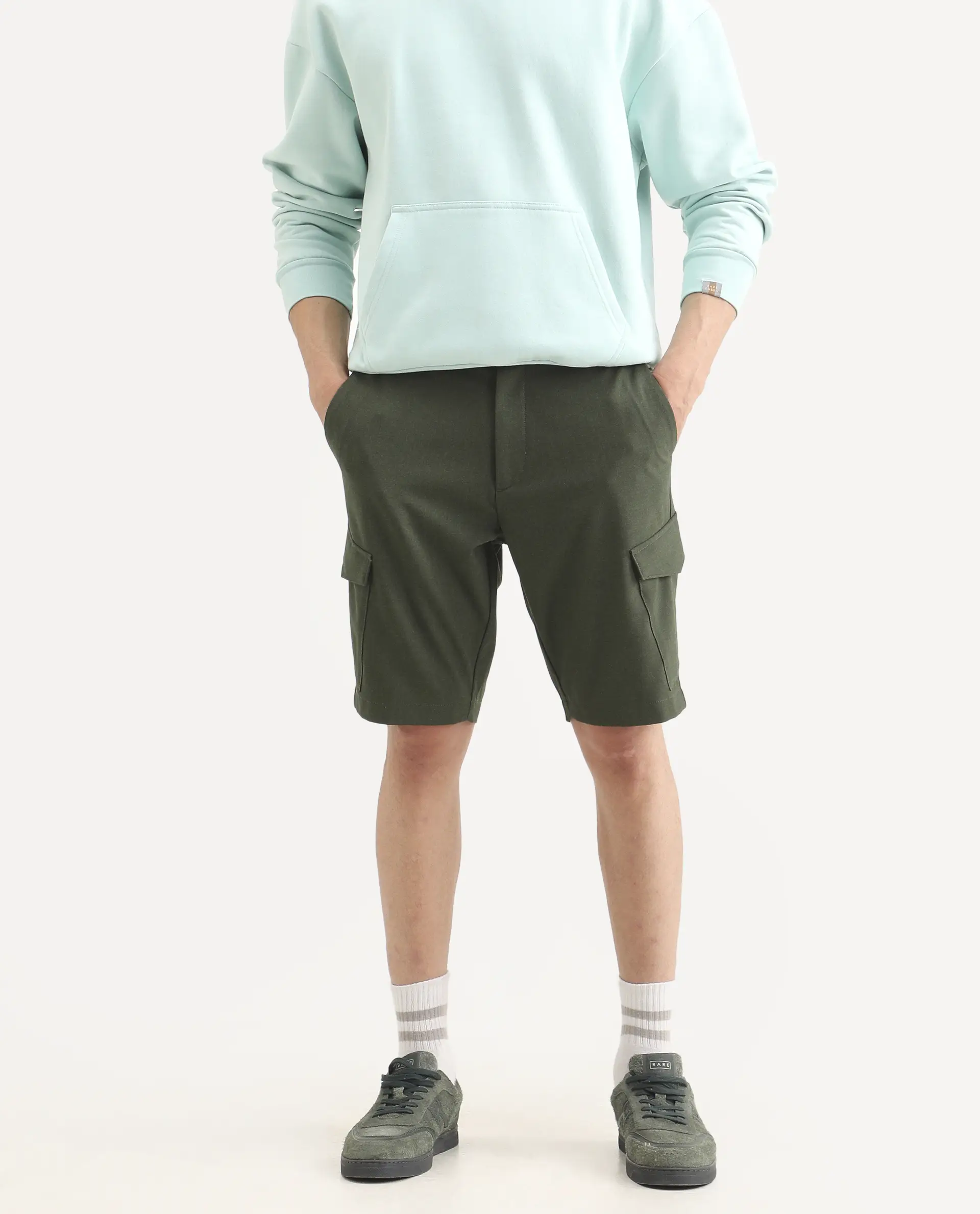 Rare Rabbit Men's Tripco-Ss26 Dark Olive Polyester Blend Fabric Relaxed Fit Plain Shorts - Image 2