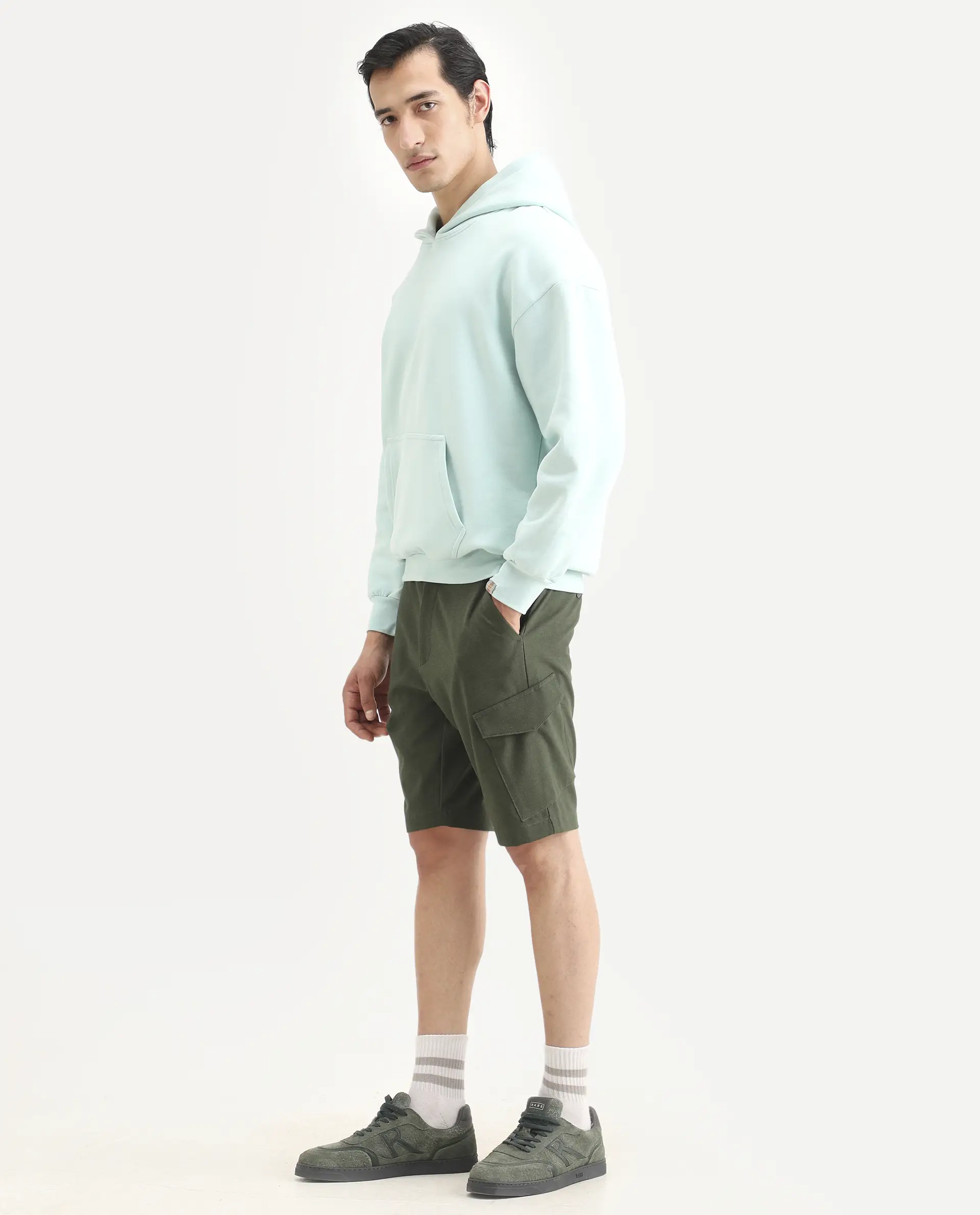 Rare Rabbit Men's Tripco-Ss26 Dark Olive Polyester Blend Fabric Relaxed Fit Plain Shorts - Image 4