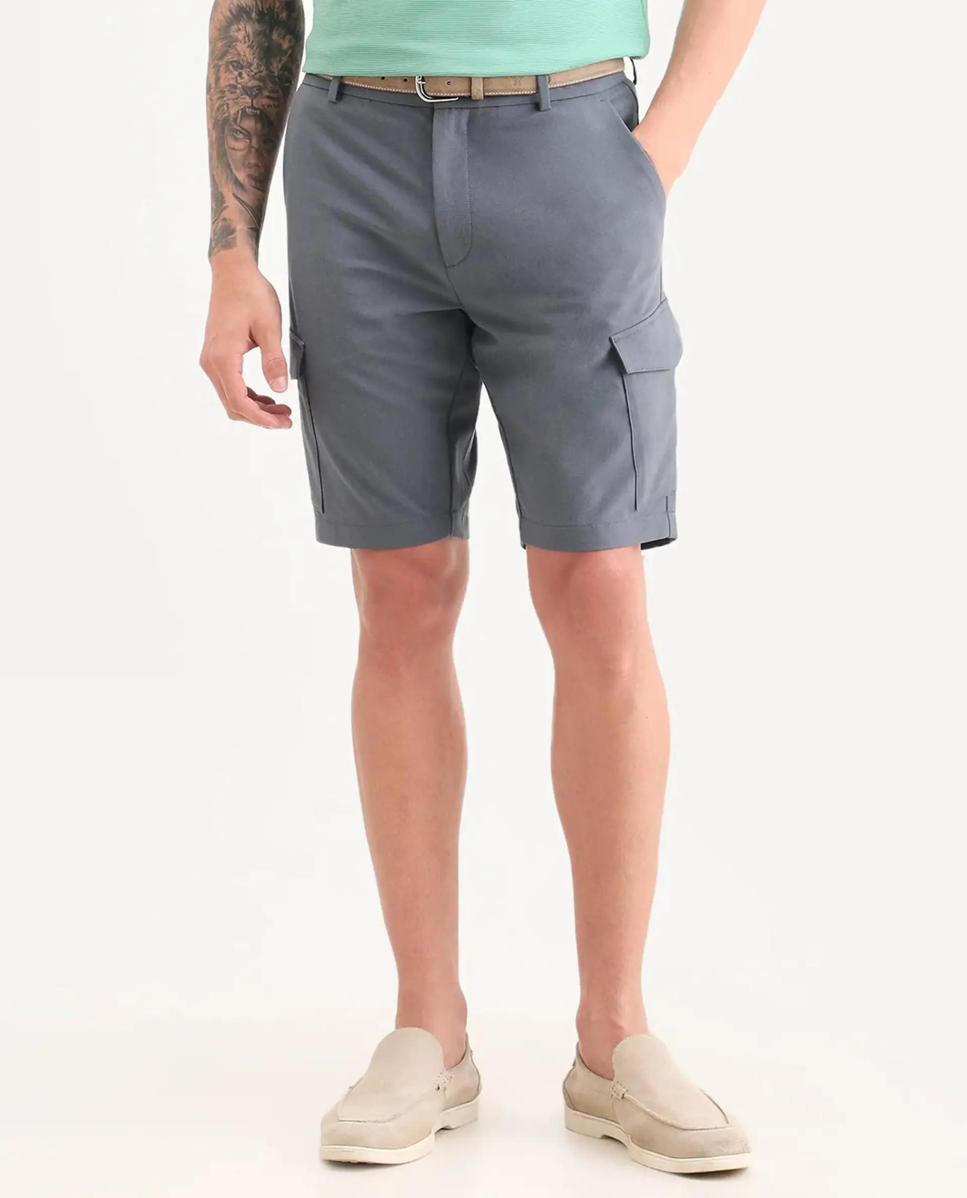 Rare Rabbit Men's Tripco-Ss26 Dusky Blue Polyester Blend Fabric Relaxed Fit Plain Shorts - Image 9