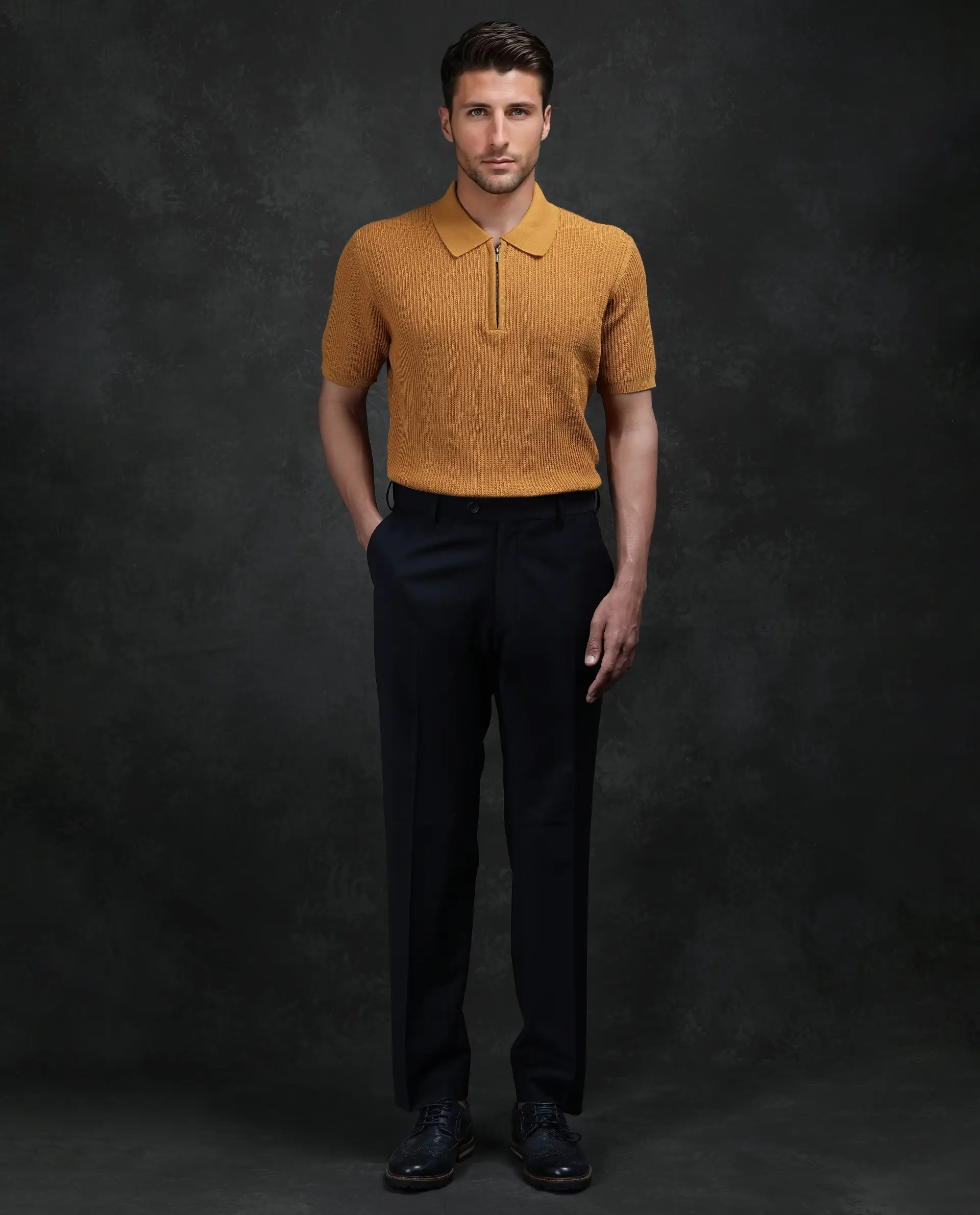 Rare Rabbit Men's Tris Dark Mustard Cotton Plain Regular Fit Half Sleeve Polo - Image 2