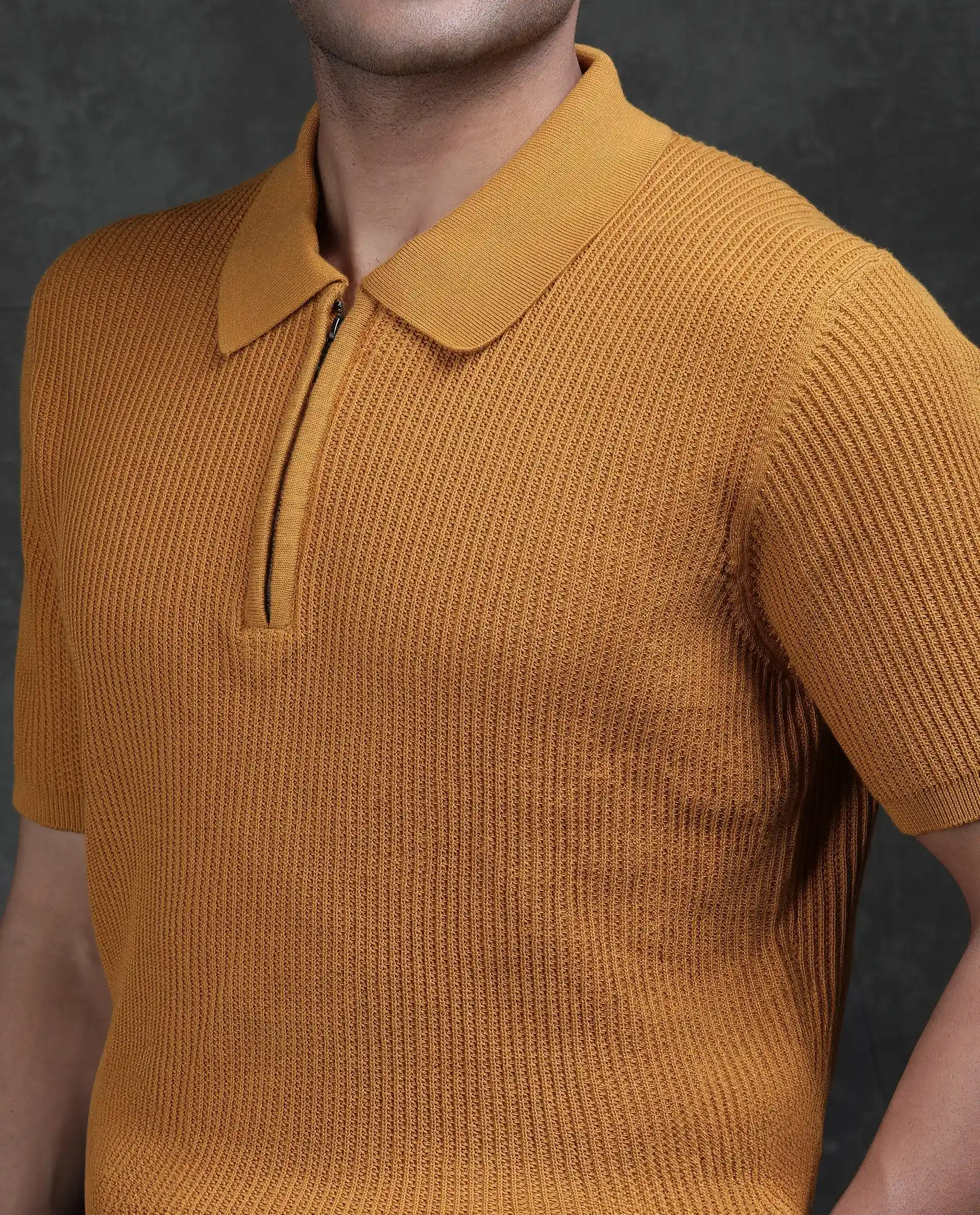 Rare Rabbit Men's Tris Dark Mustard Cotton Plain Regular Fit Half Sleeve Polo - Image 3