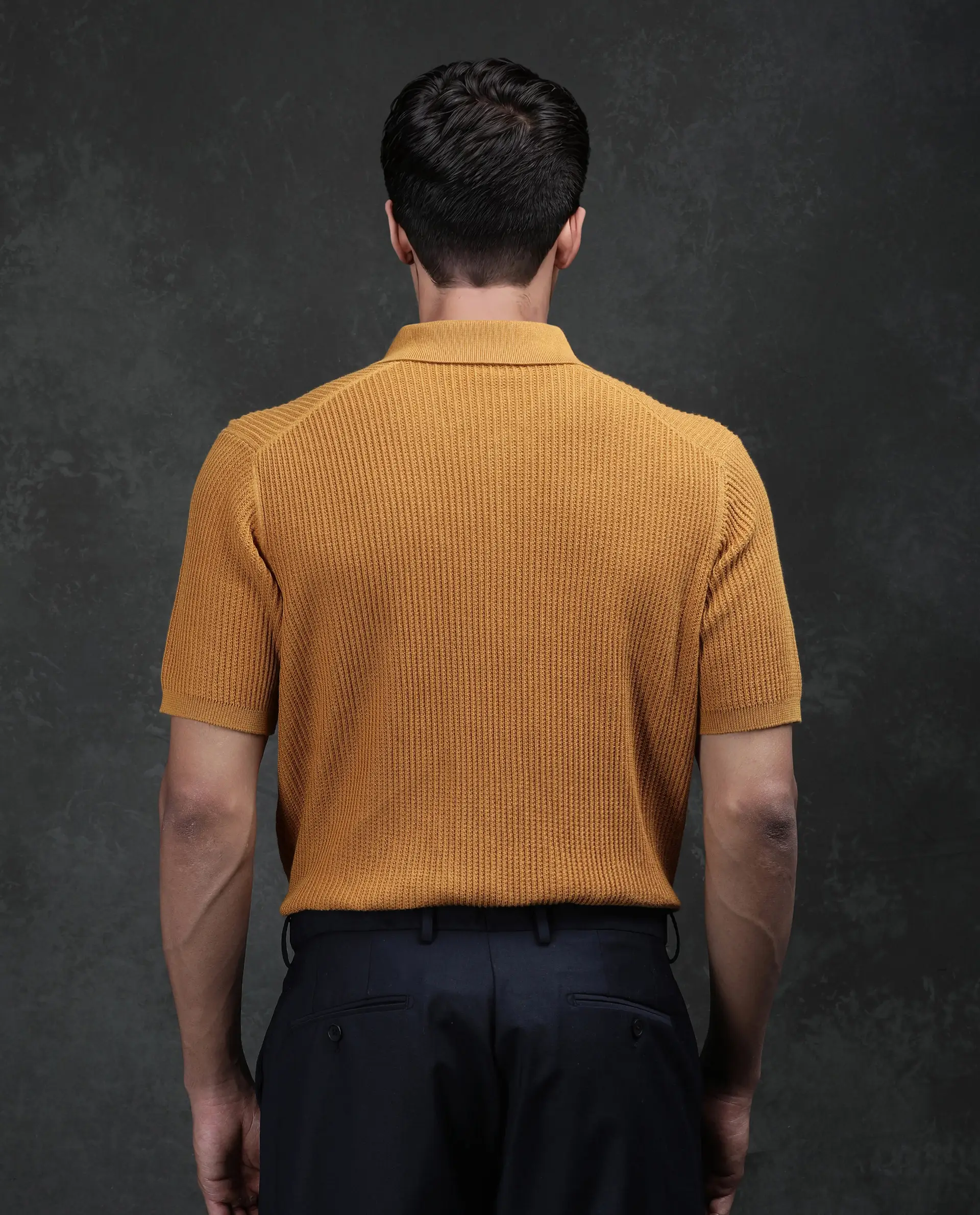 Rare Rabbit Men's Tris Dark Mustard Cotton Plain Regular Fit Half Sleeve Polo - Image 4