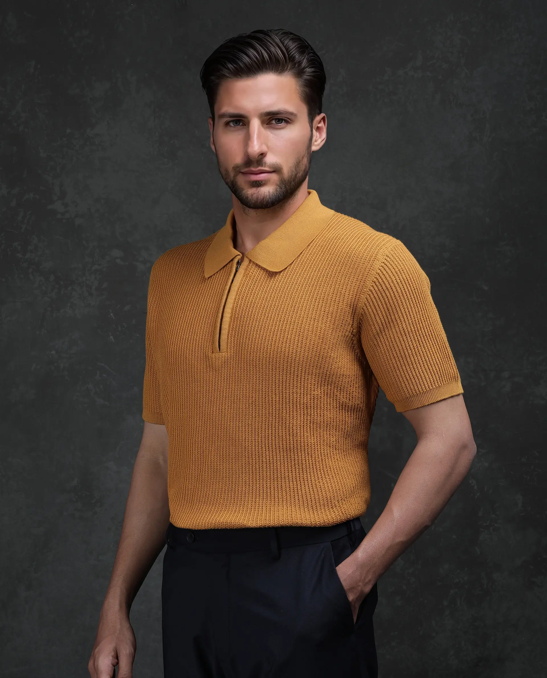 Rare Rabbit Men's Tris Dark Mustard Cotton Plain Regular Fit Half Sleeve Polo - Image 5