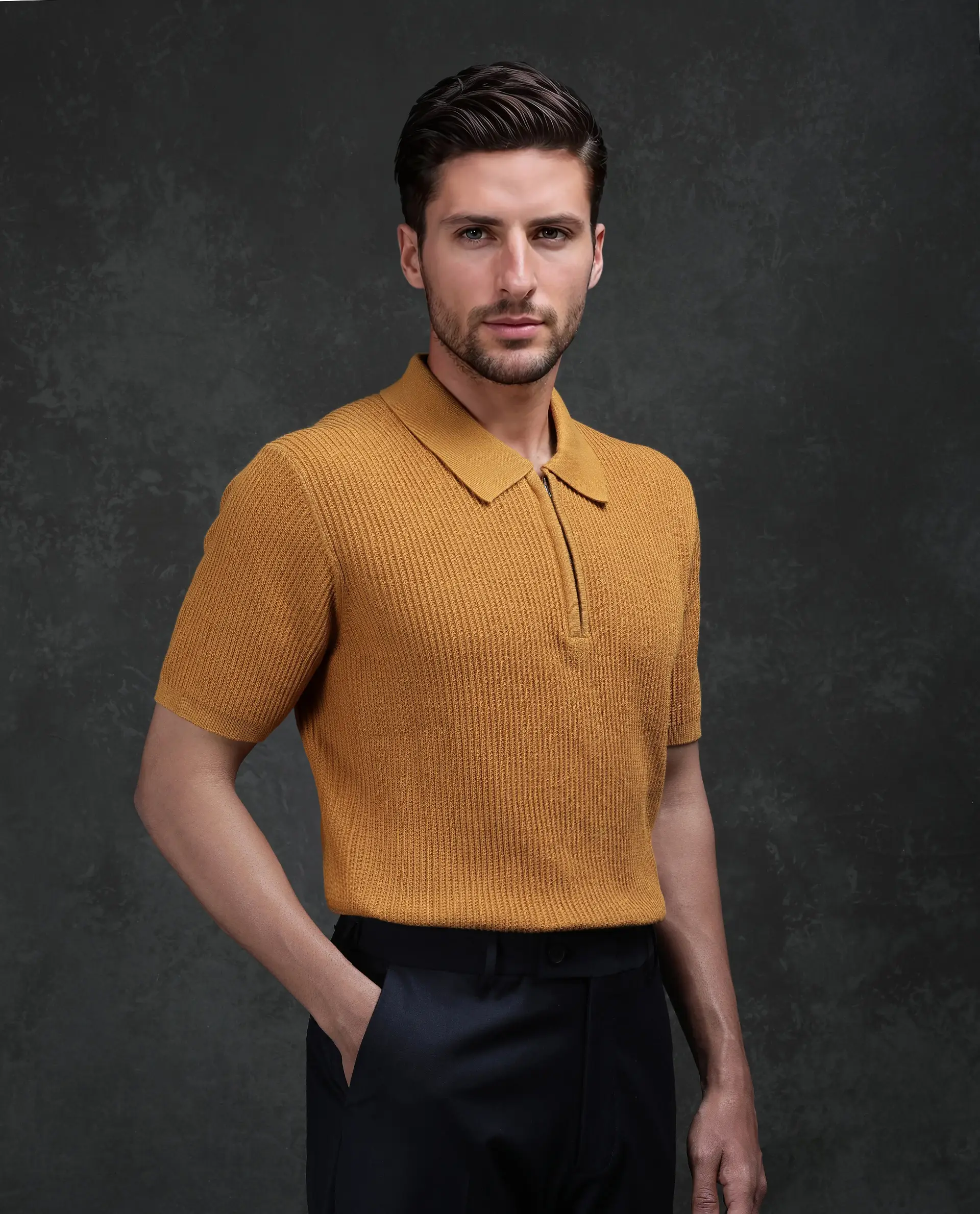 Rare Rabbit Men's Tris Dark Mustard Cotton Plain Regular Fit Half Sleeve Polo - Image 6