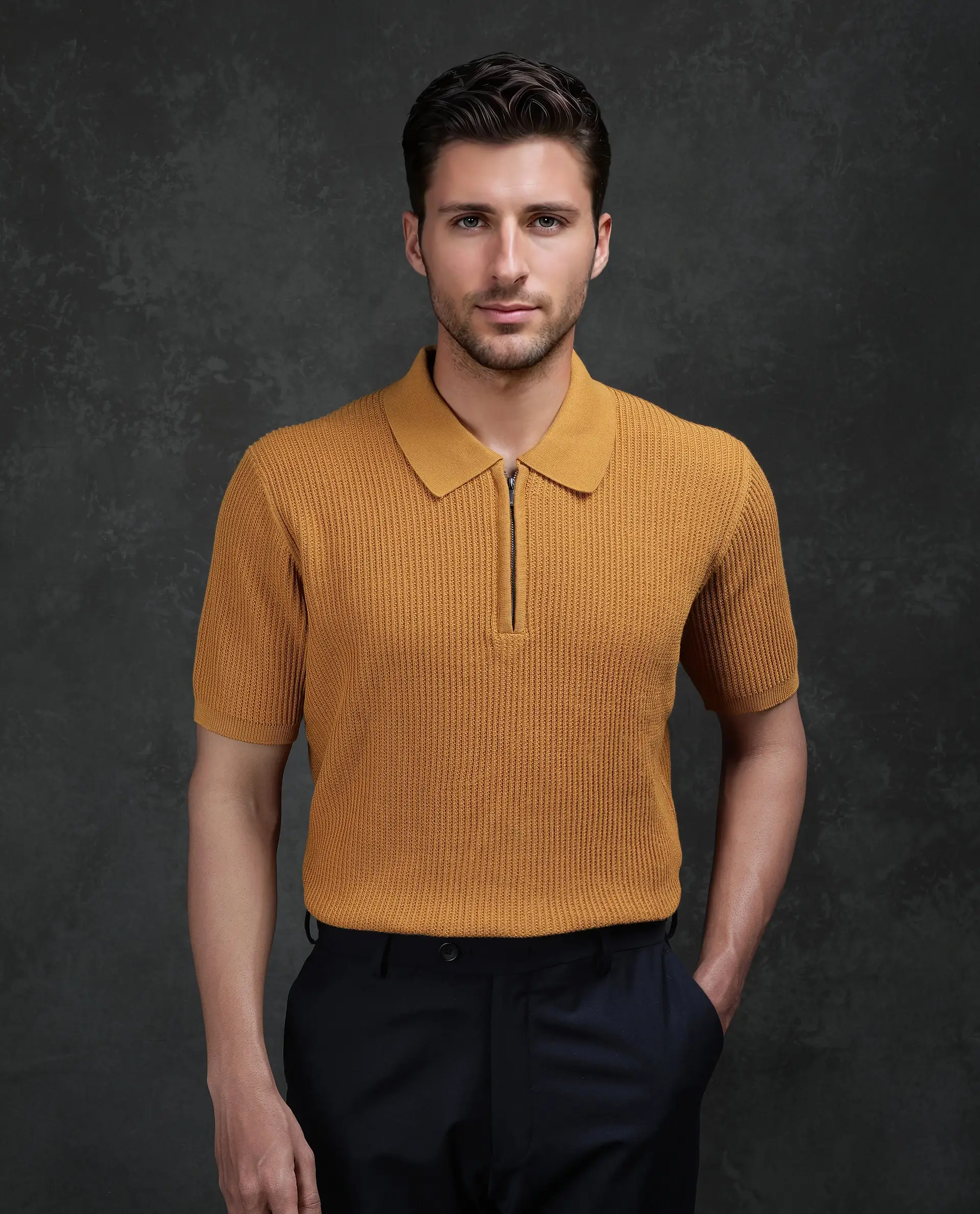 Rare Rabbit Men's Tris Dark Mustard Cotton Plain Regular Fit Half Sleeve Polo - Image 8