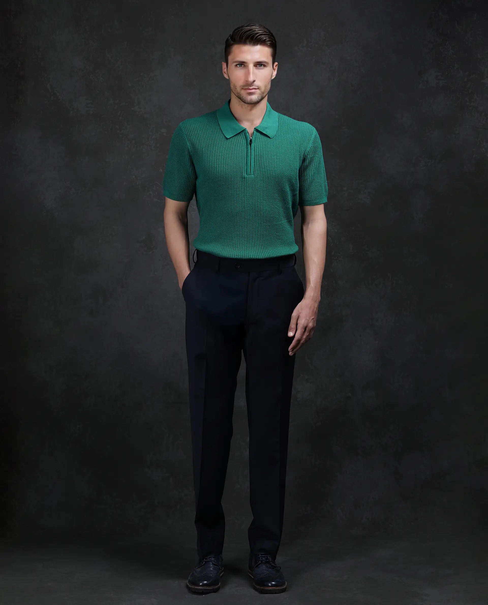 Rare Rabbit Men's Tris Green Cotton Plain Regular Fit Half Sleeve Polo - Image 2
