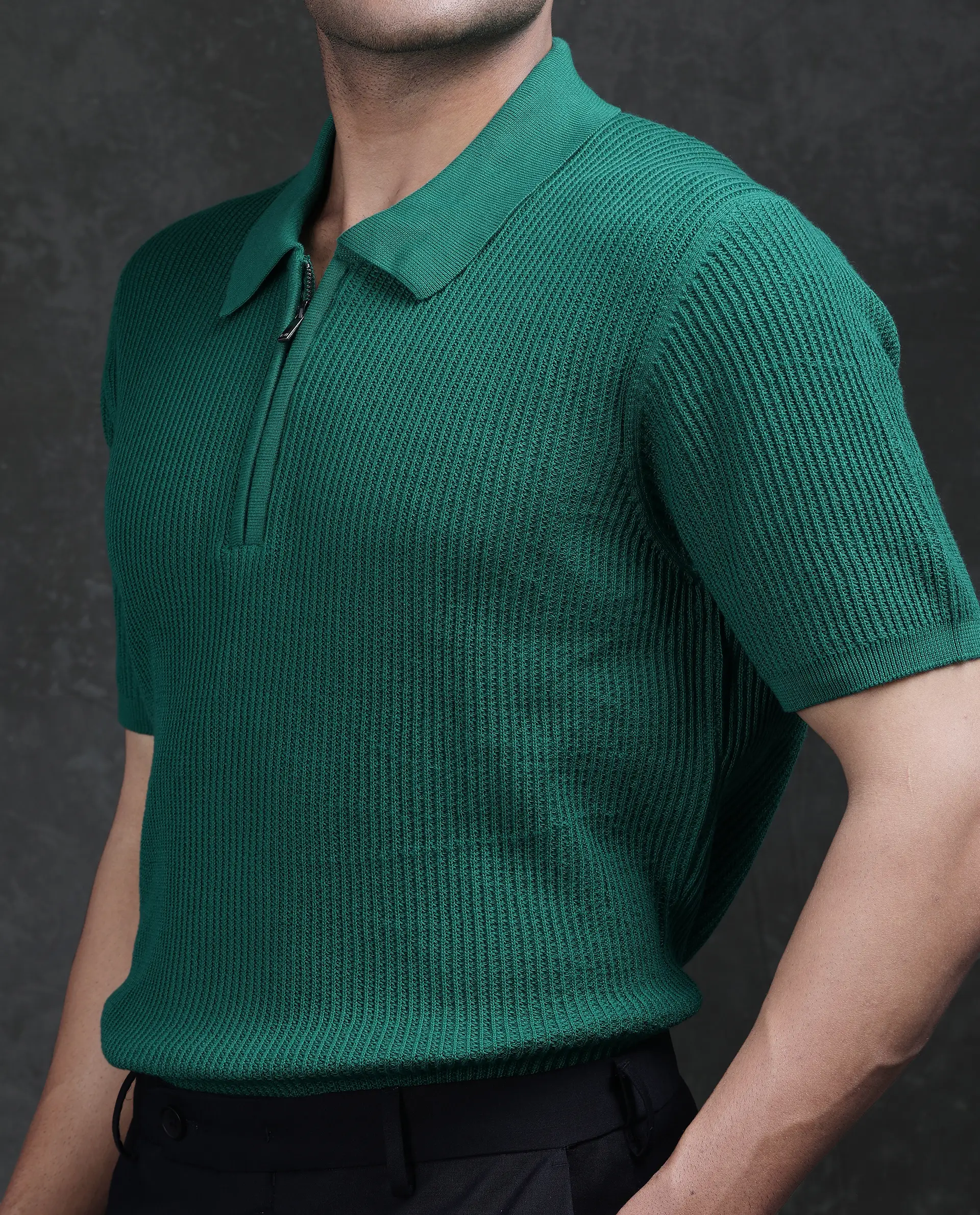 Rare Rabbit Men's Tris Green Cotton Plain Regular Fit Half Sleeve Polo - Image 4